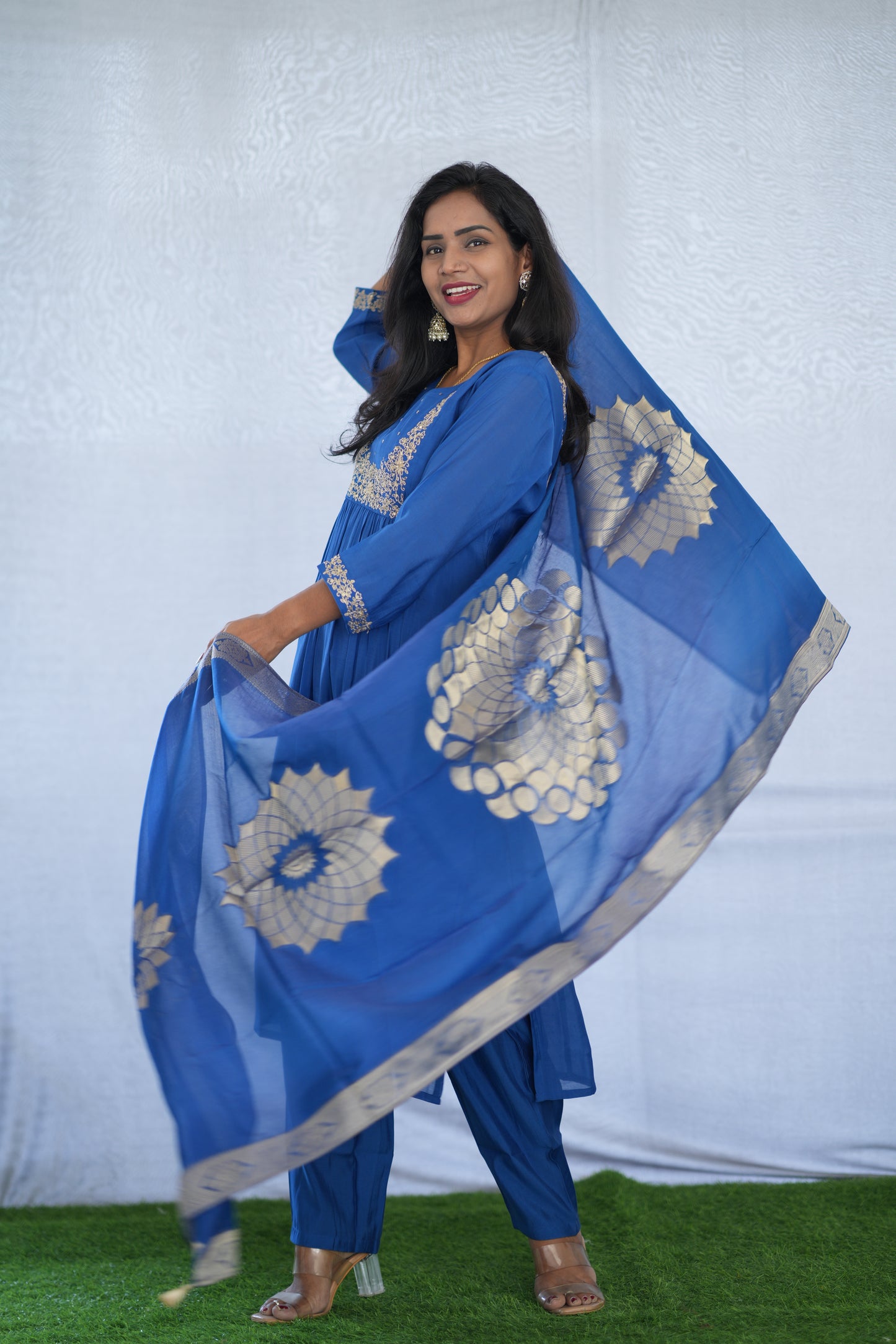 Blue Color Viscose Fabric Party Wear 3 Piece set With Embroidery work