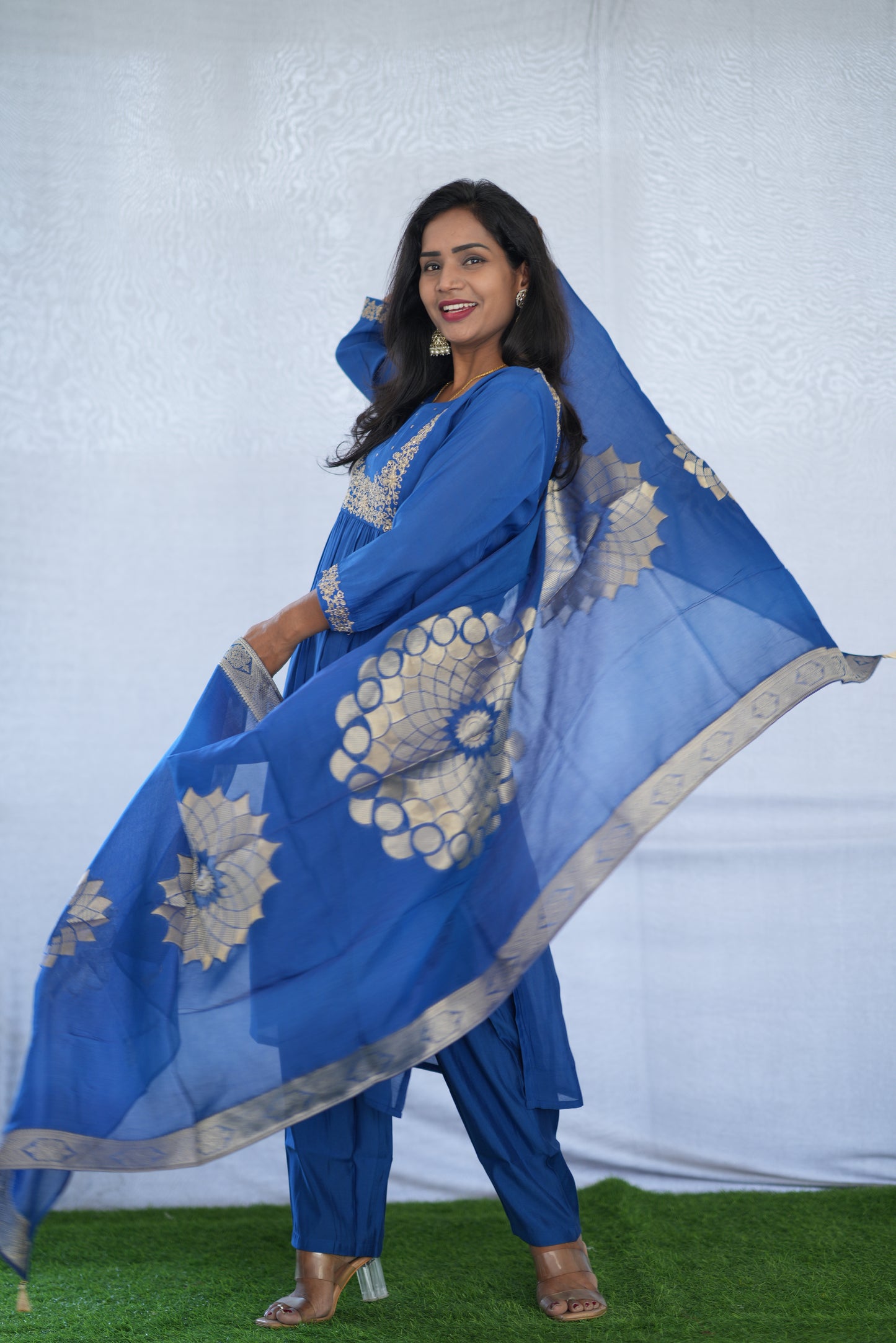 Blue Color Viscose Fabric Party Wear 3 Piece set With Embroidery work