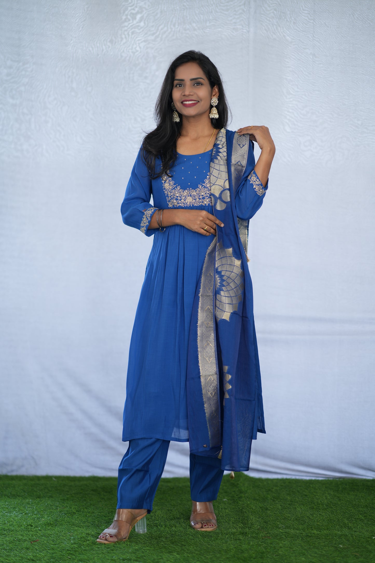 Blue Color Viscose Fabric Party Wear 3 Piece set With Embroidery work