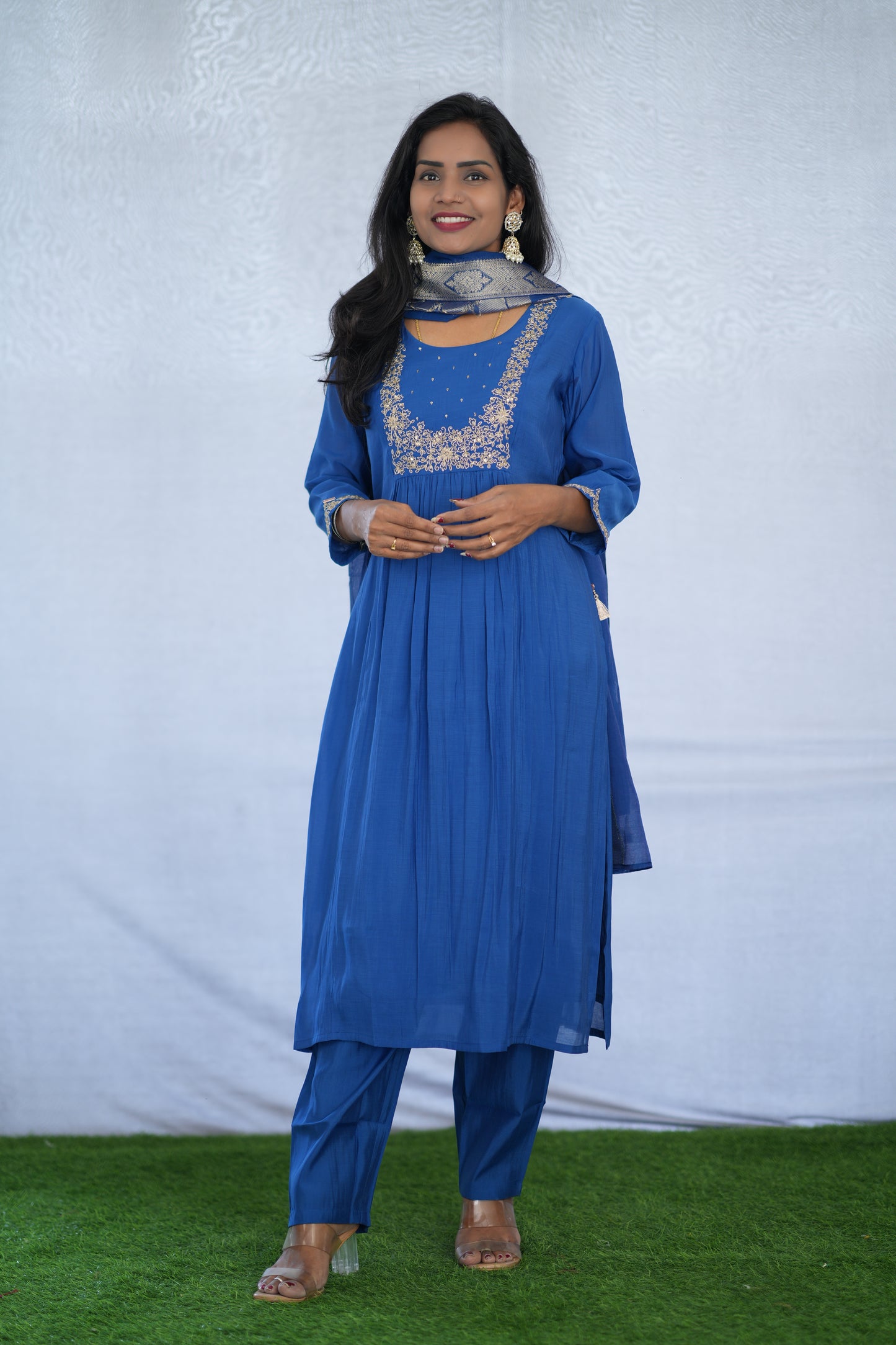 Blue Color Viscose Fabric Party Wear 3 Piece set With Embroidery work