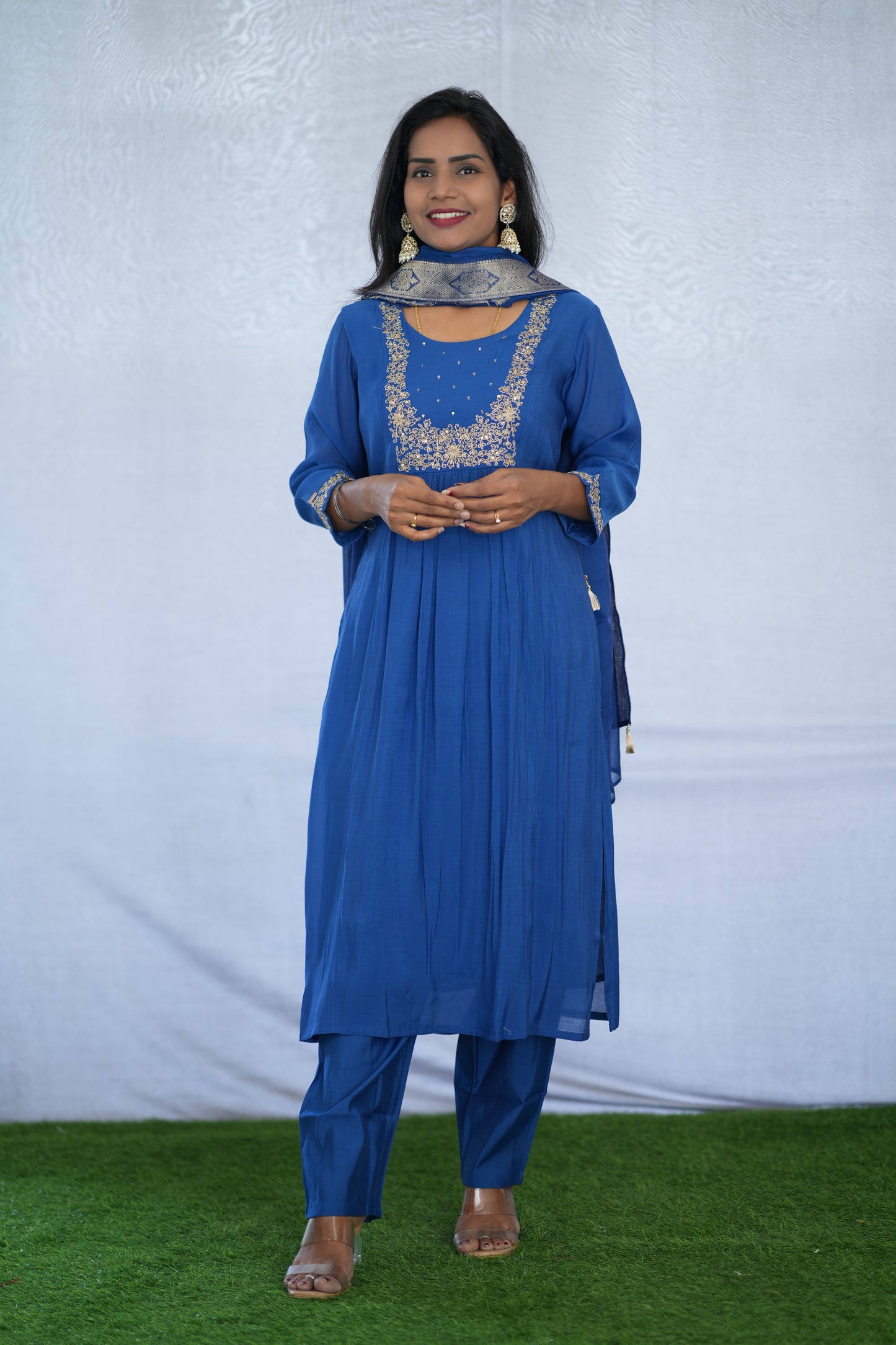 Blue Color Viscose Fabric Party Wear 3 Piece set With Embroidery work