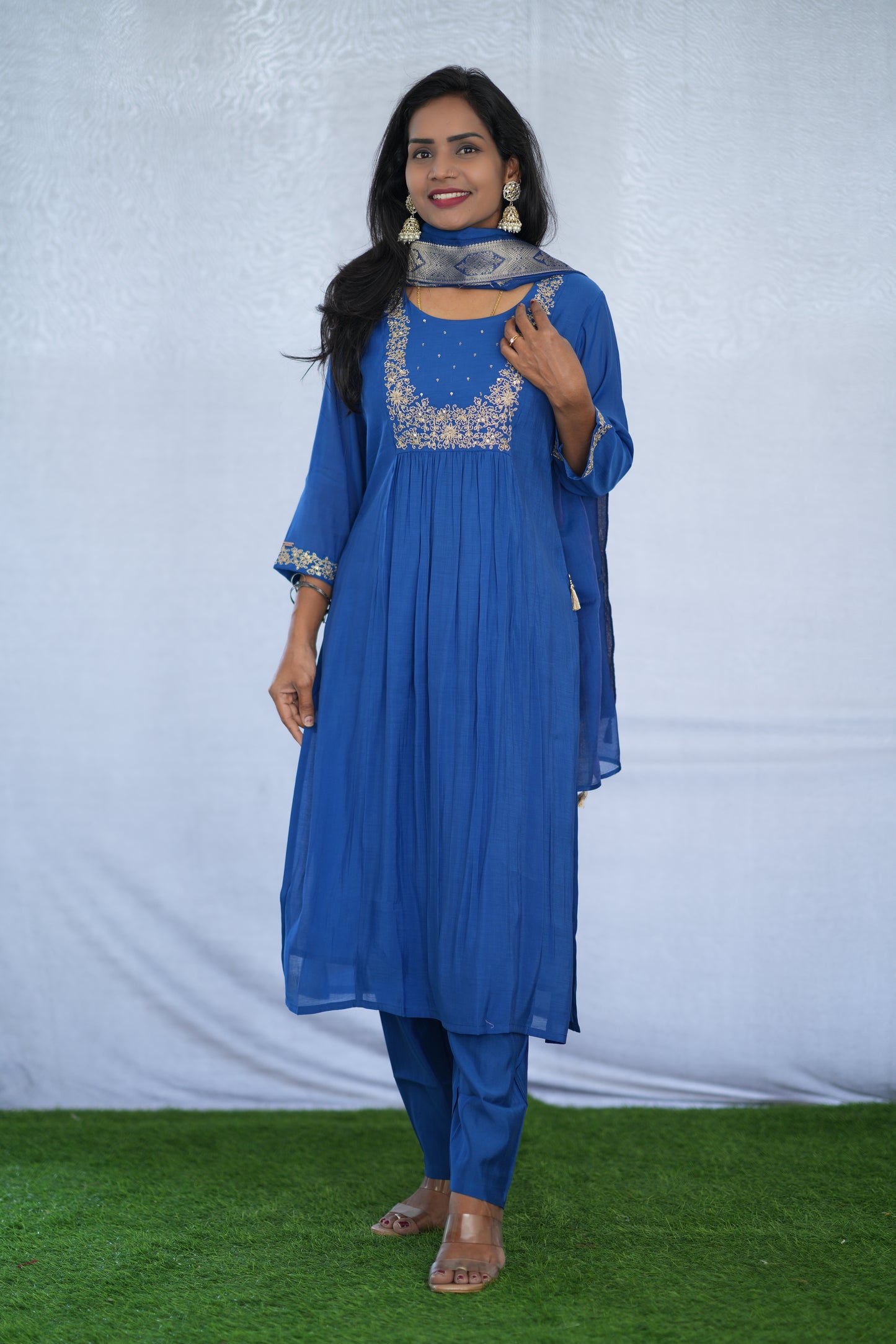 Blue Color Viscose Fabric Party Wear 3 Piece set With Embroidery work