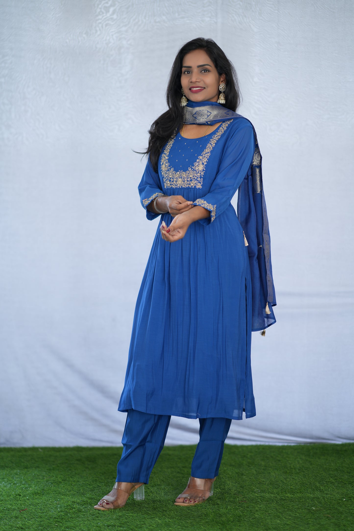 Blue Color Viscose Fabric Party Wear 3 Piece set With Embroidery work