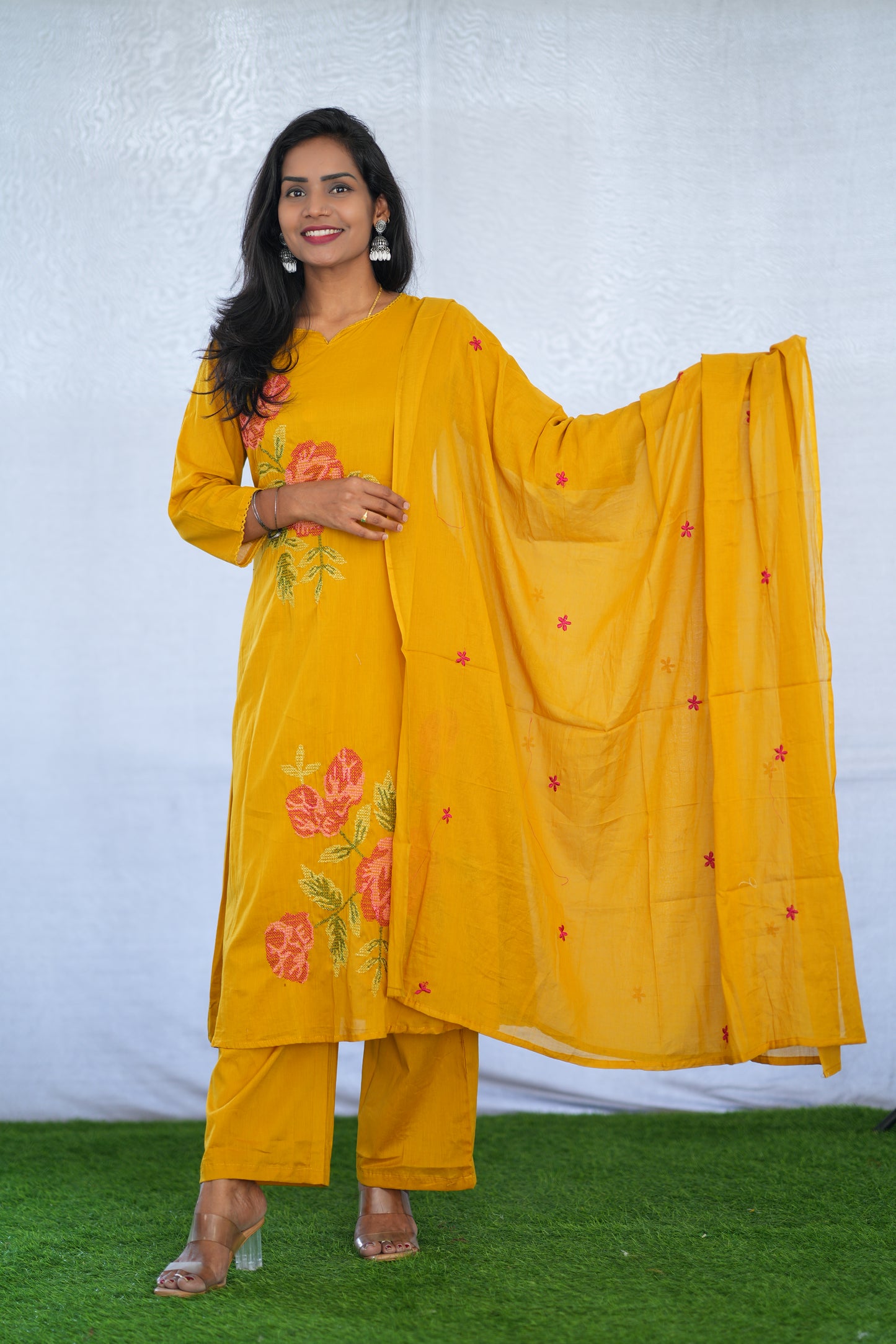 Yellow Color Mul Cotton 3 Piece Set With Embroidery Work and Complete Lining
