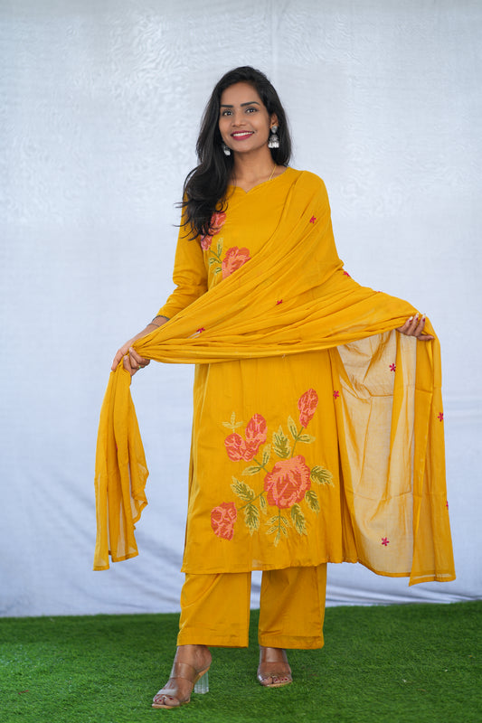 Yellow Color Mul Cotton 3 Piece Set With Embroidery Work and Complete Lining