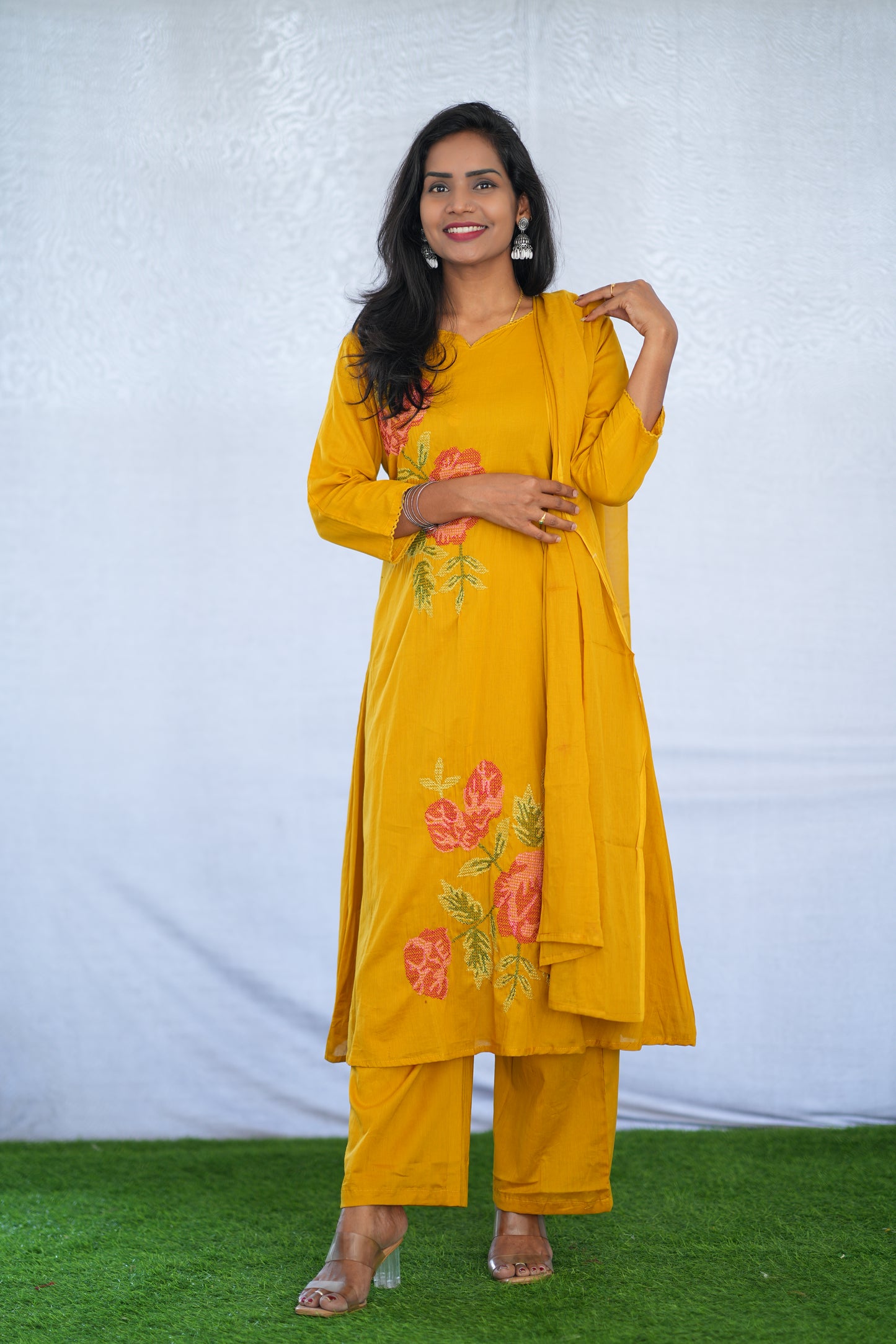 Yellow Color Mul Cotton 3 Piece Set With Embroidery Work and Complete Lining