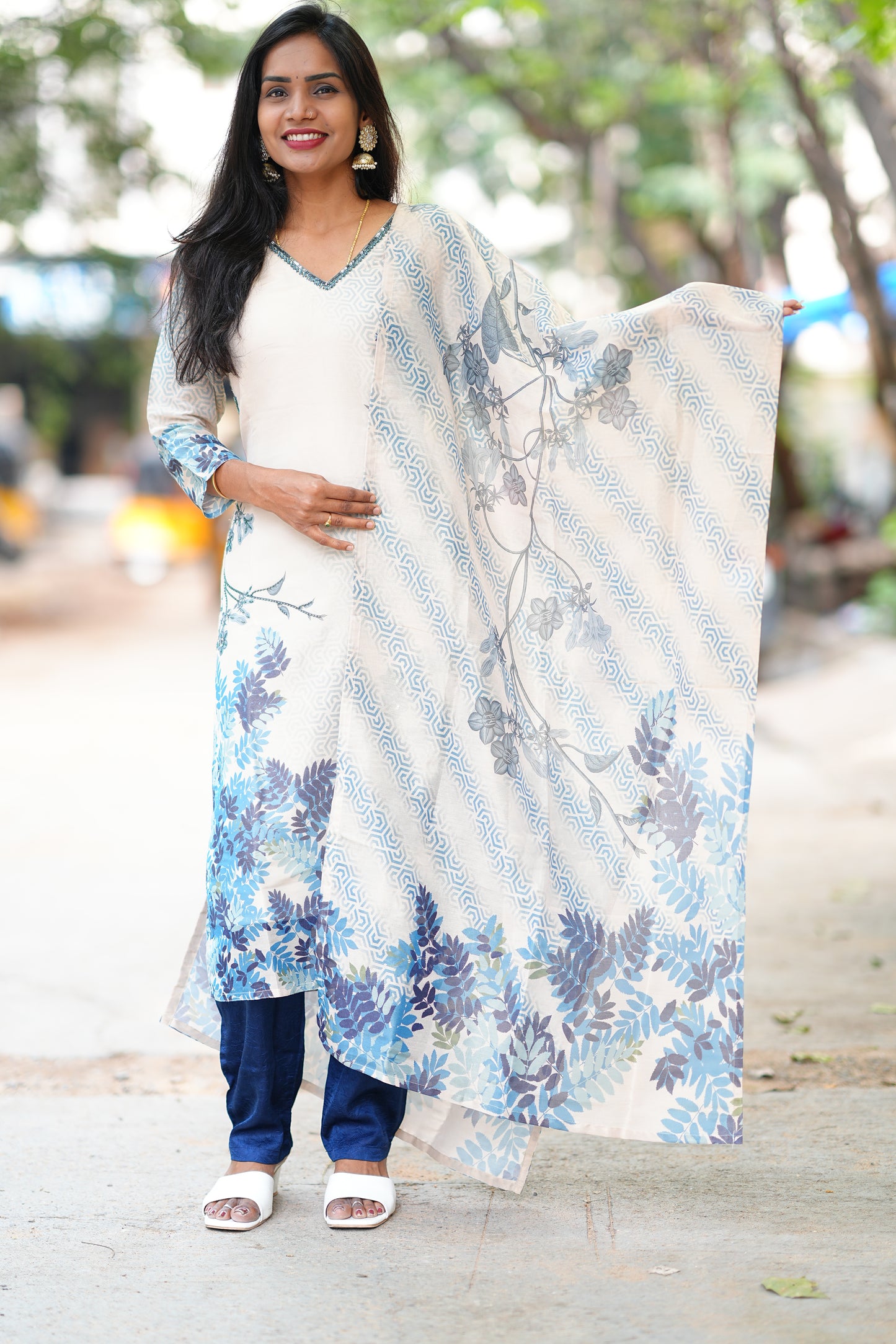 Blue and White Combo Designer Wear 3 Piece set in Muslin Fabric