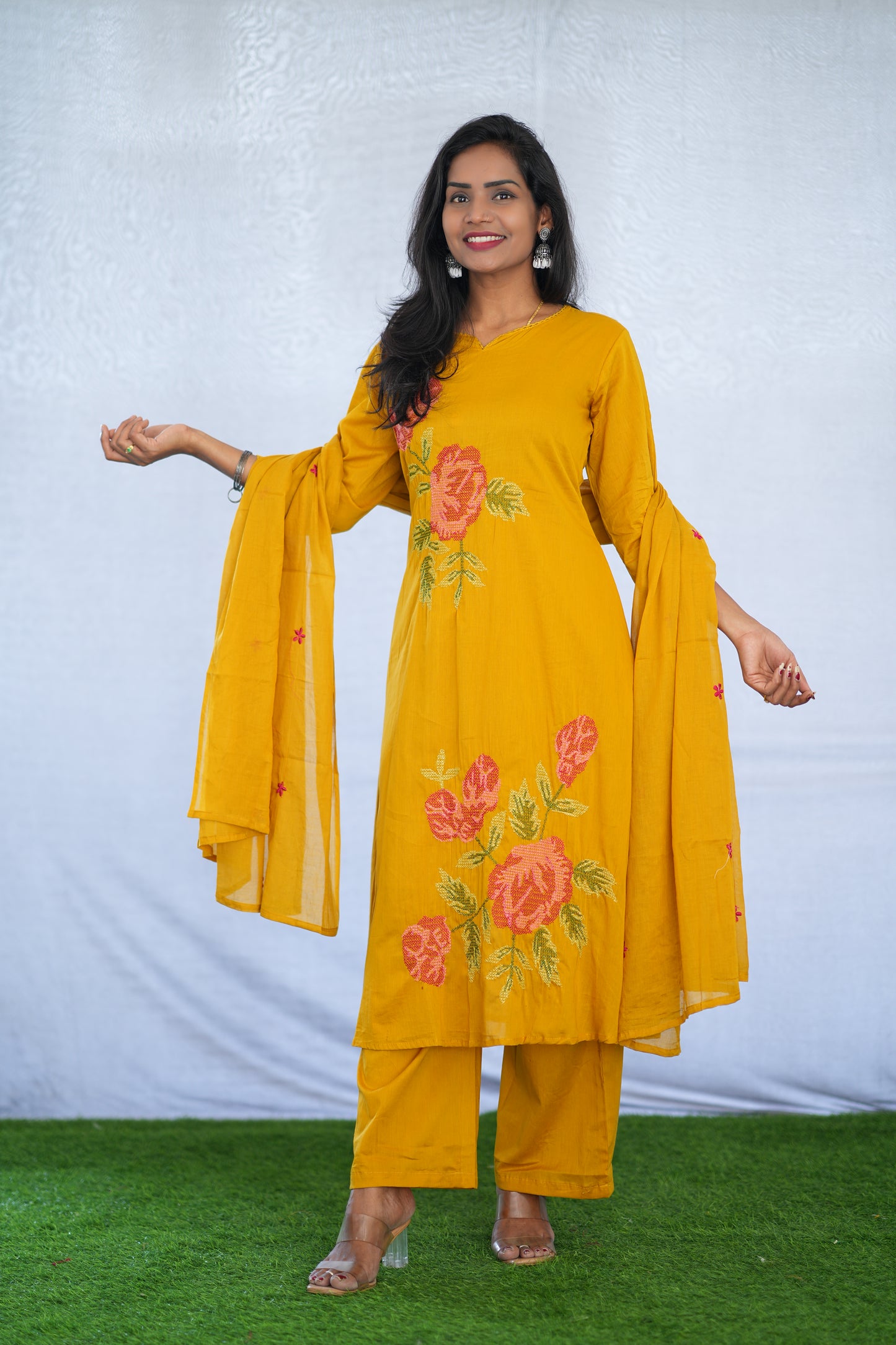 Yellow Color Mul Cotton 3 Piece Set With Embroidery Work and Complete Lining