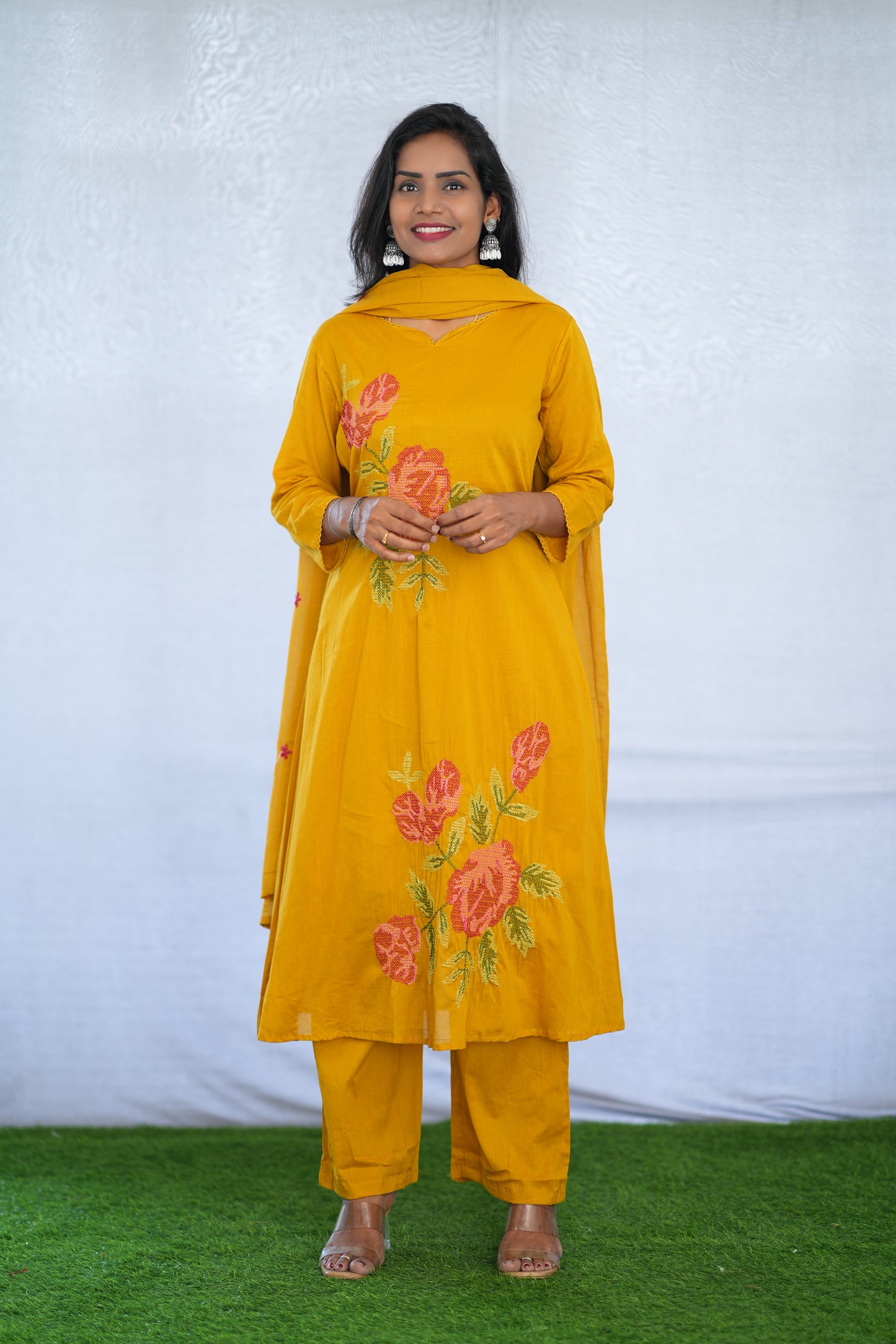 Yellow Color Mul Cotton 3 Piece Set With Embroidery Work and Complete Lining