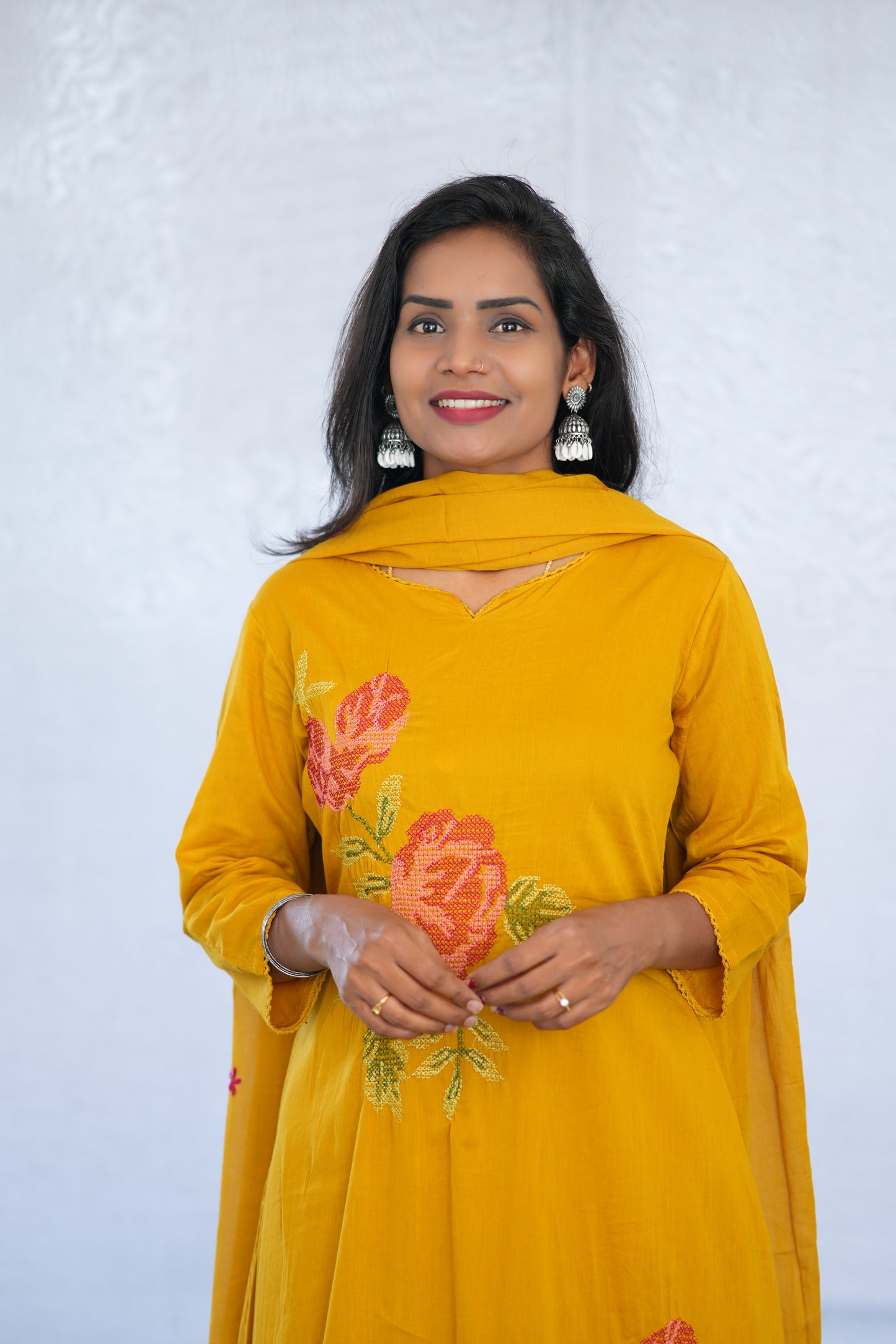 Yellow Color Mul Cotton 3 Piece Set With Embroidery Work and Complete Lining