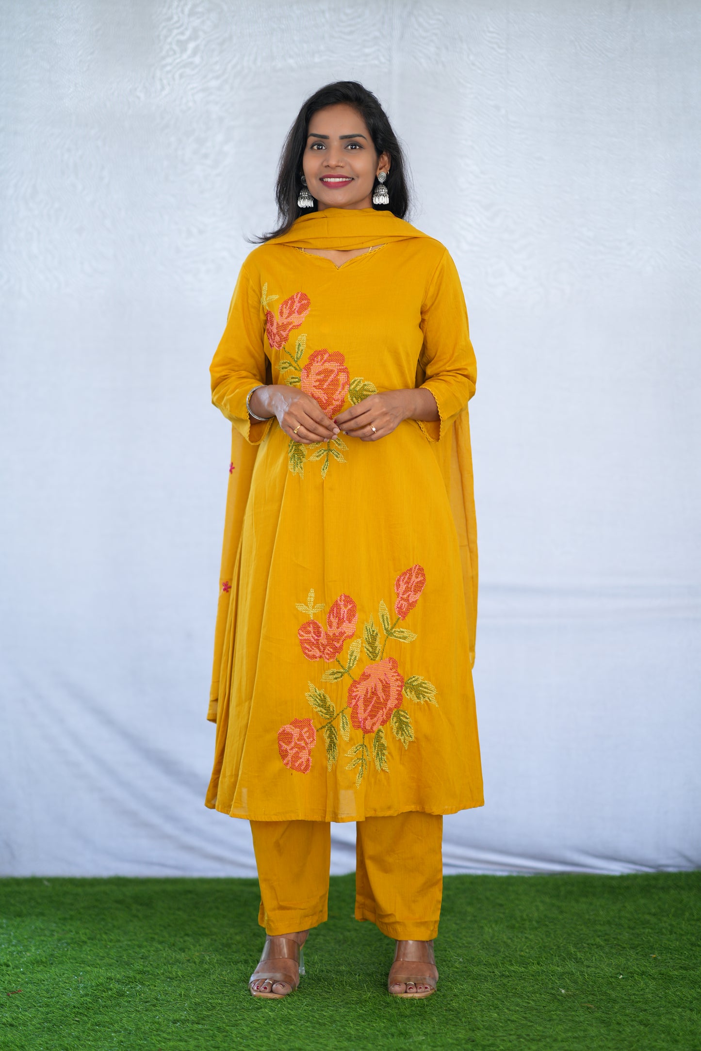 Yellow Color Mul Cotton 3 Piece Set With Embroidery Work and Complete Lining