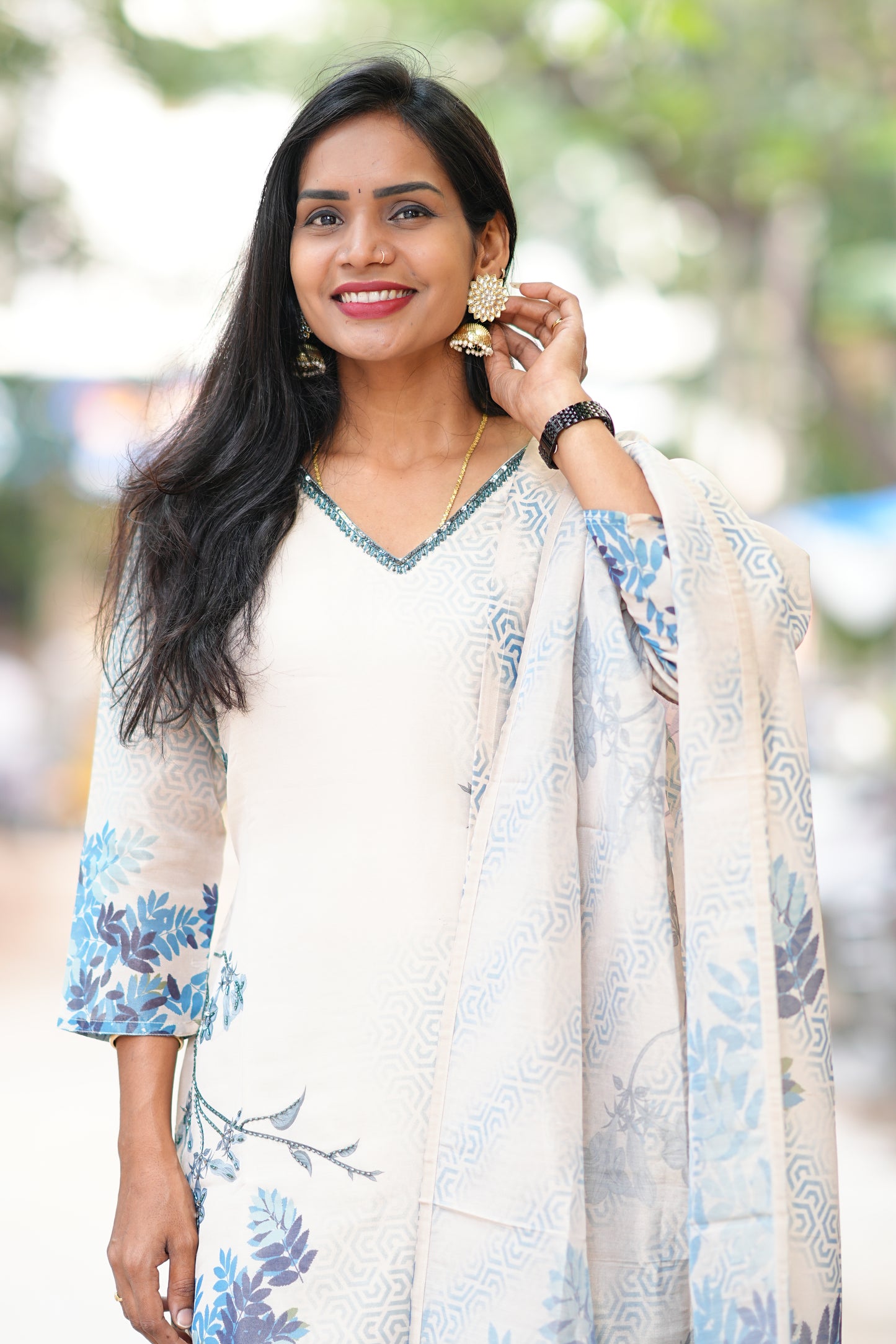 Blue and White Combo Designer Wear 3 Piece set in Muslin Fabric