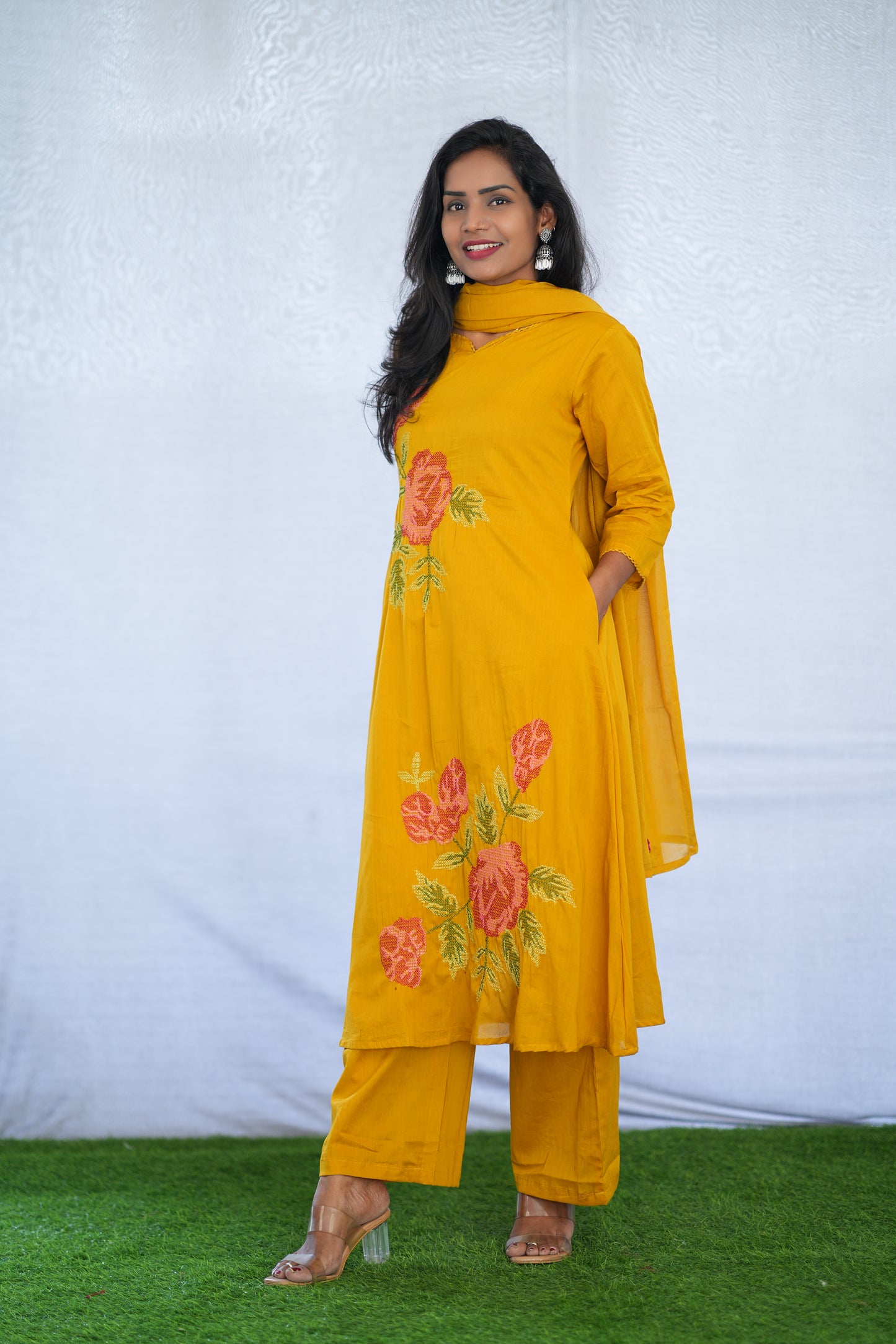 Yellow Color Mul Cotton 3 Piece Set With Embroidery Work and Complete Lining