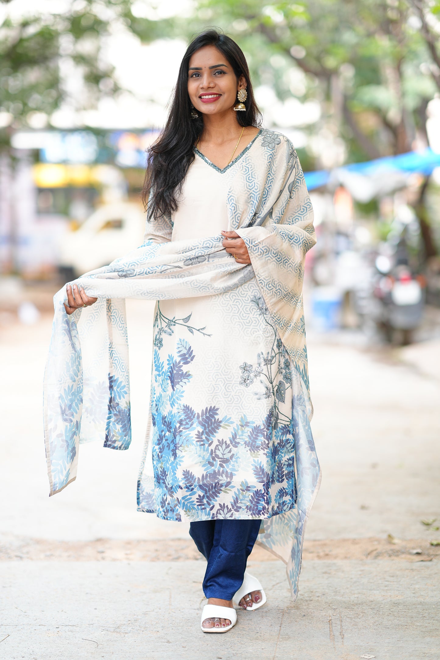 Blue and White Combo Designer Wear 3 Piece set in Muslin Fabric