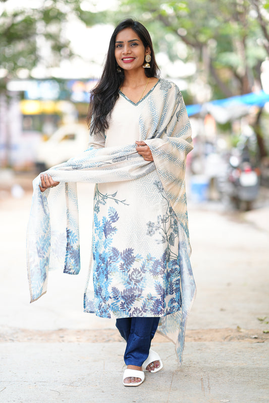 Blue and White Combo Designer Wear 3 Piece set in Muslin Fabric