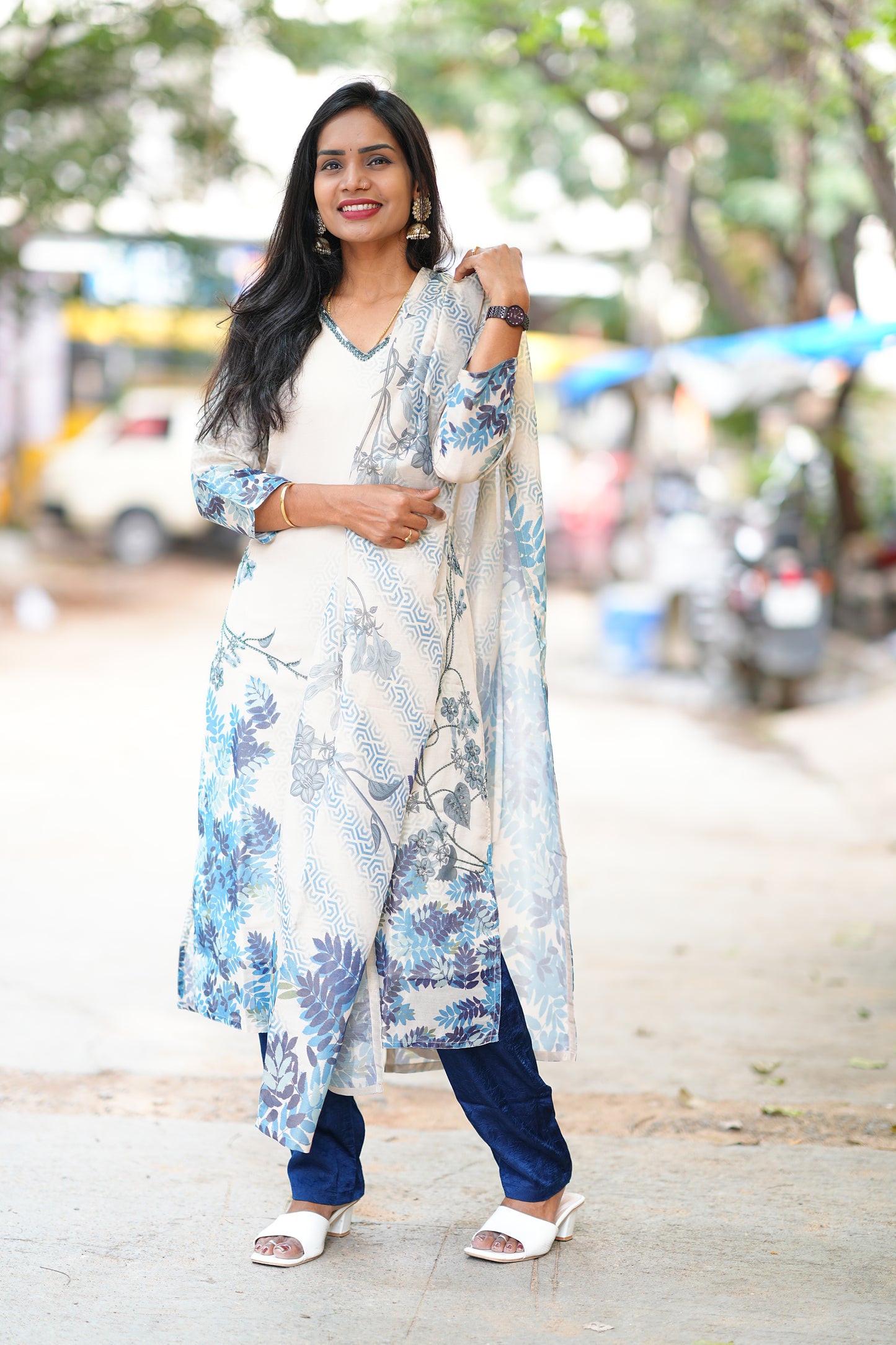 Blue and White Combo Designer Wear 3 Piece set in Muslin Fabric