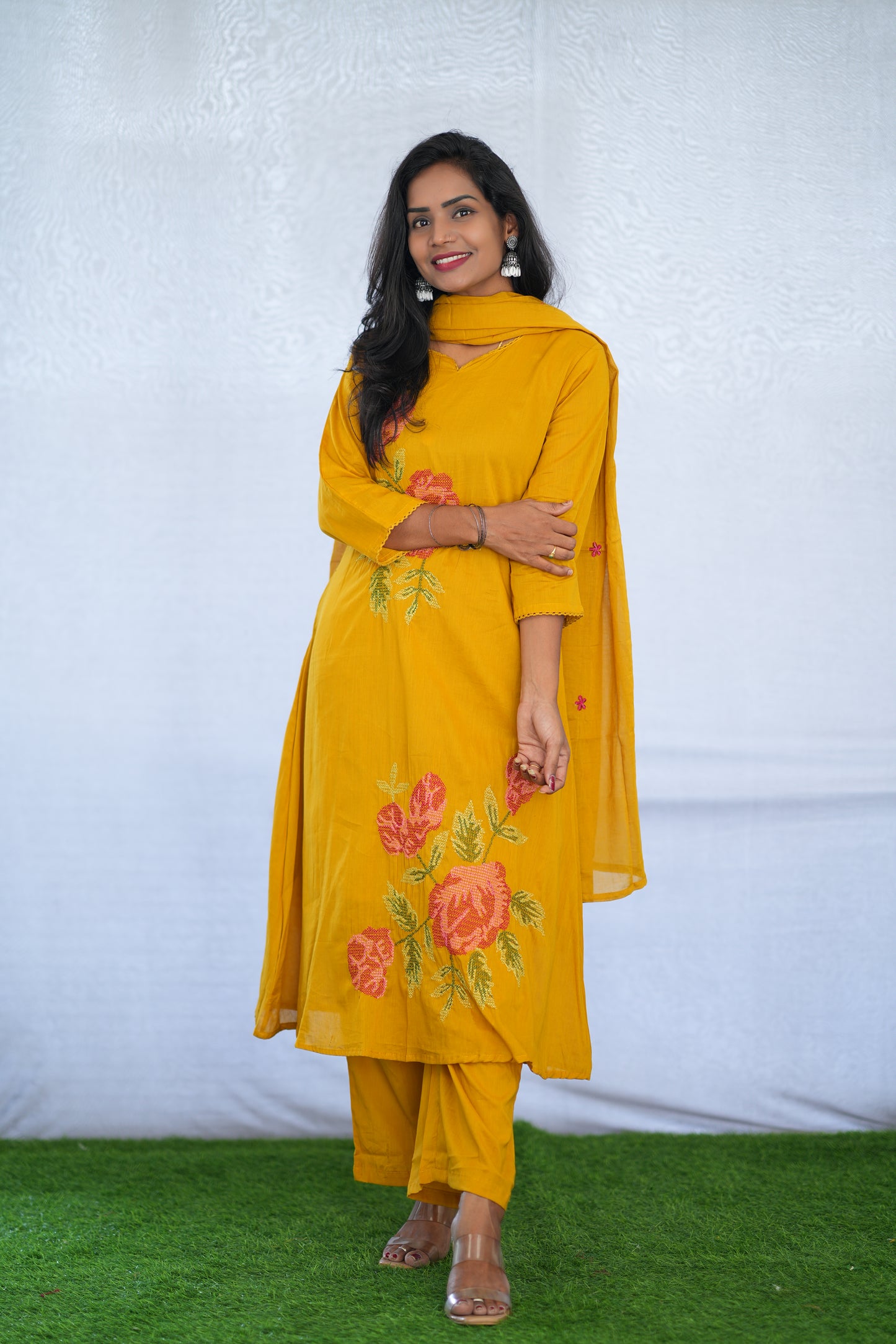 Yellow Color Mul Cotton 3 Piece Set With Embroidery Work and Complete Lining