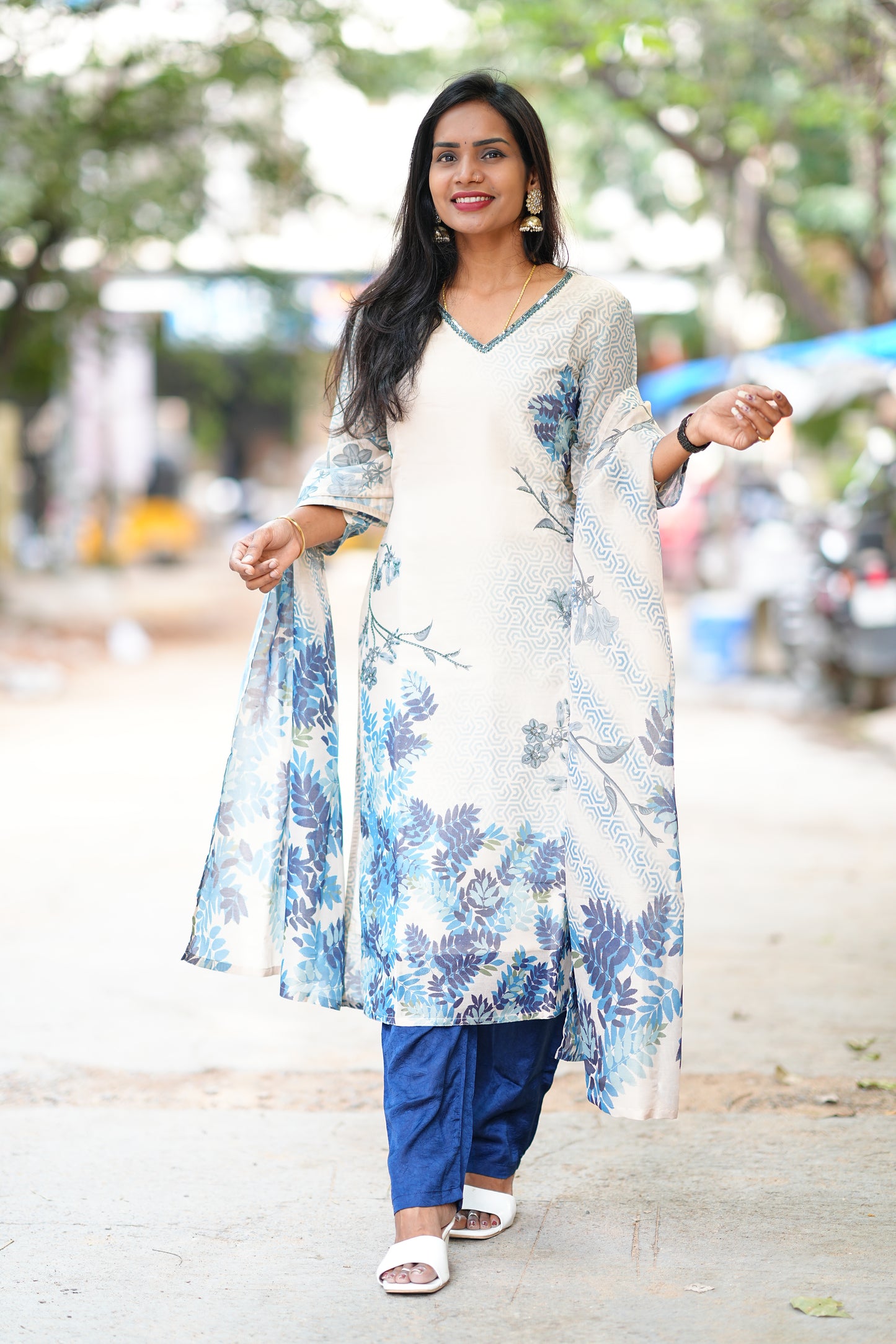 Blue and White Combo Designer Wear 3 Piece set in Muslin Fabric