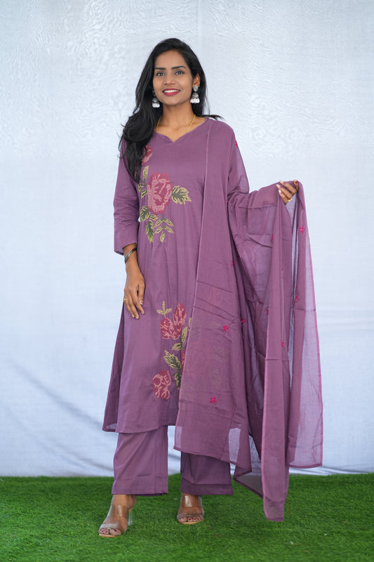 Purple Color Mul Cotton 3 Piece Set With Embroidery Work and Complete Lining