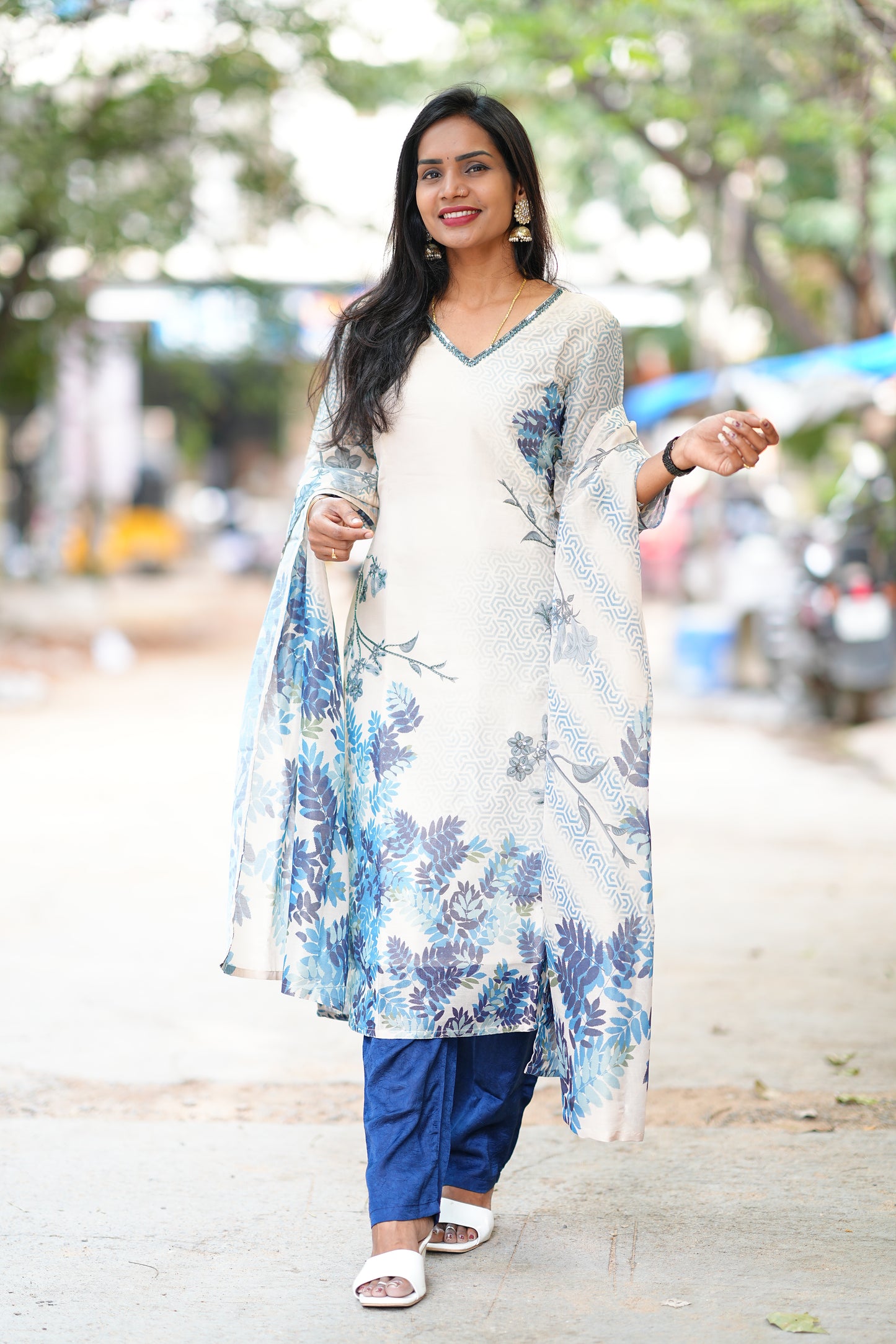 Blue and White Combo Designer Wear 3 Piece set in Muslin Fabric