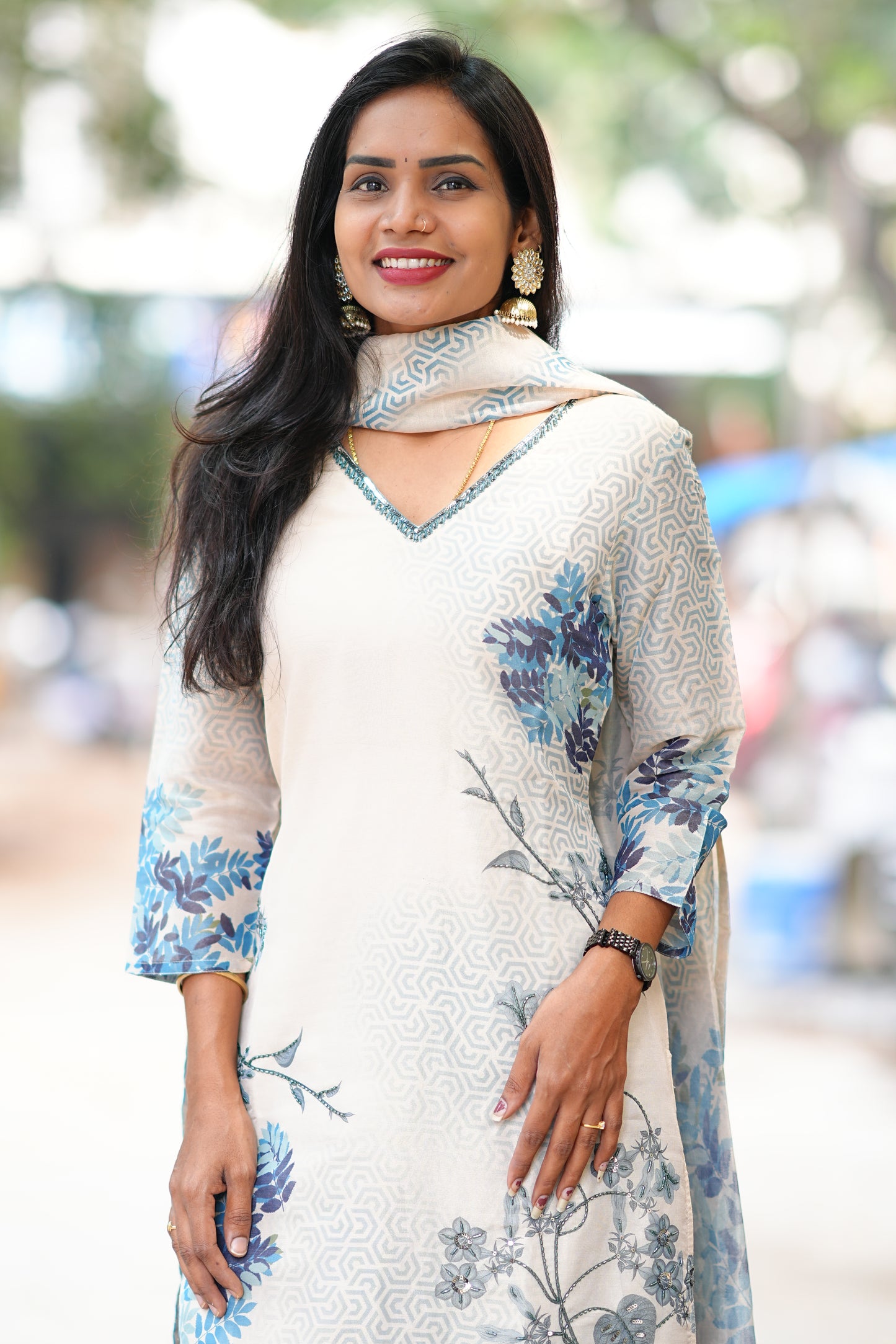 Blue and White Combo Designer Wear 3 Piece set in Muslin Fabric