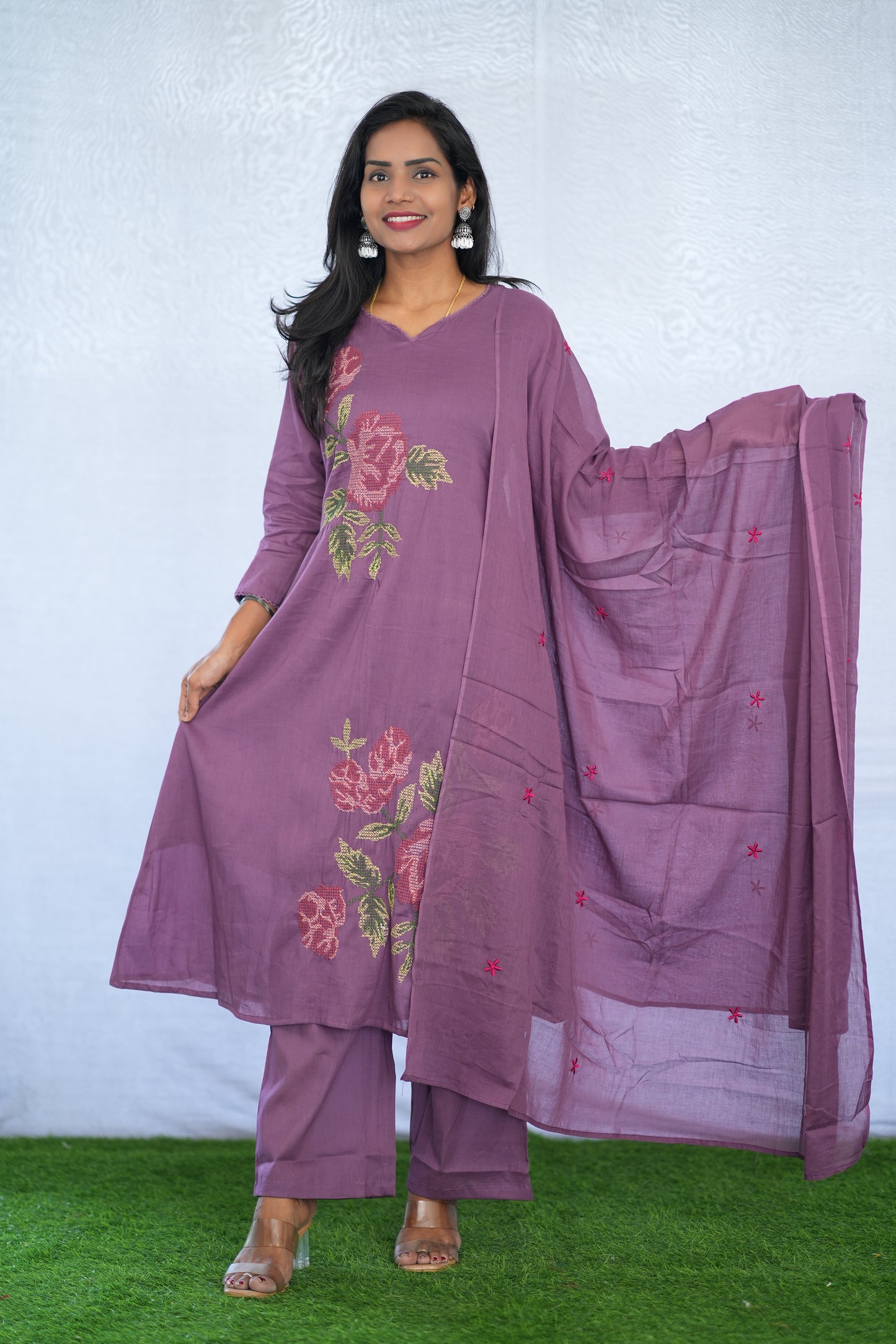Purple Color Mul Cotton 3 Piece Set With Embroidery Work and Complete Lining