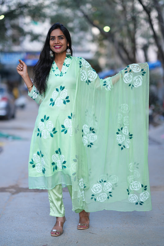 Pista Green Color Satin Fabric Party Wear Brush Painted 3 Piece Set