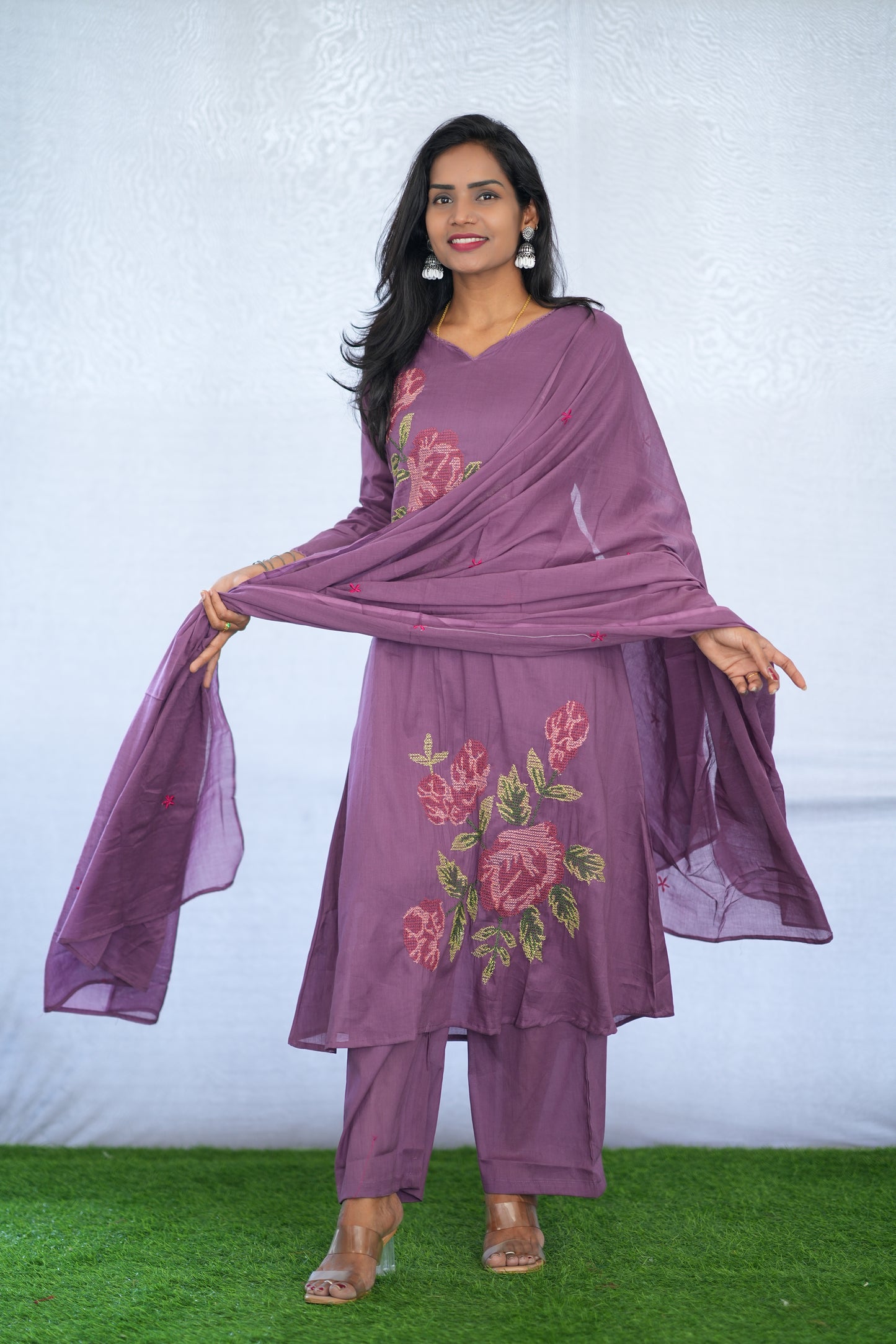 Purple Color Mul Cotton 3 Piece Set With Embroidery Work and Complete Lining