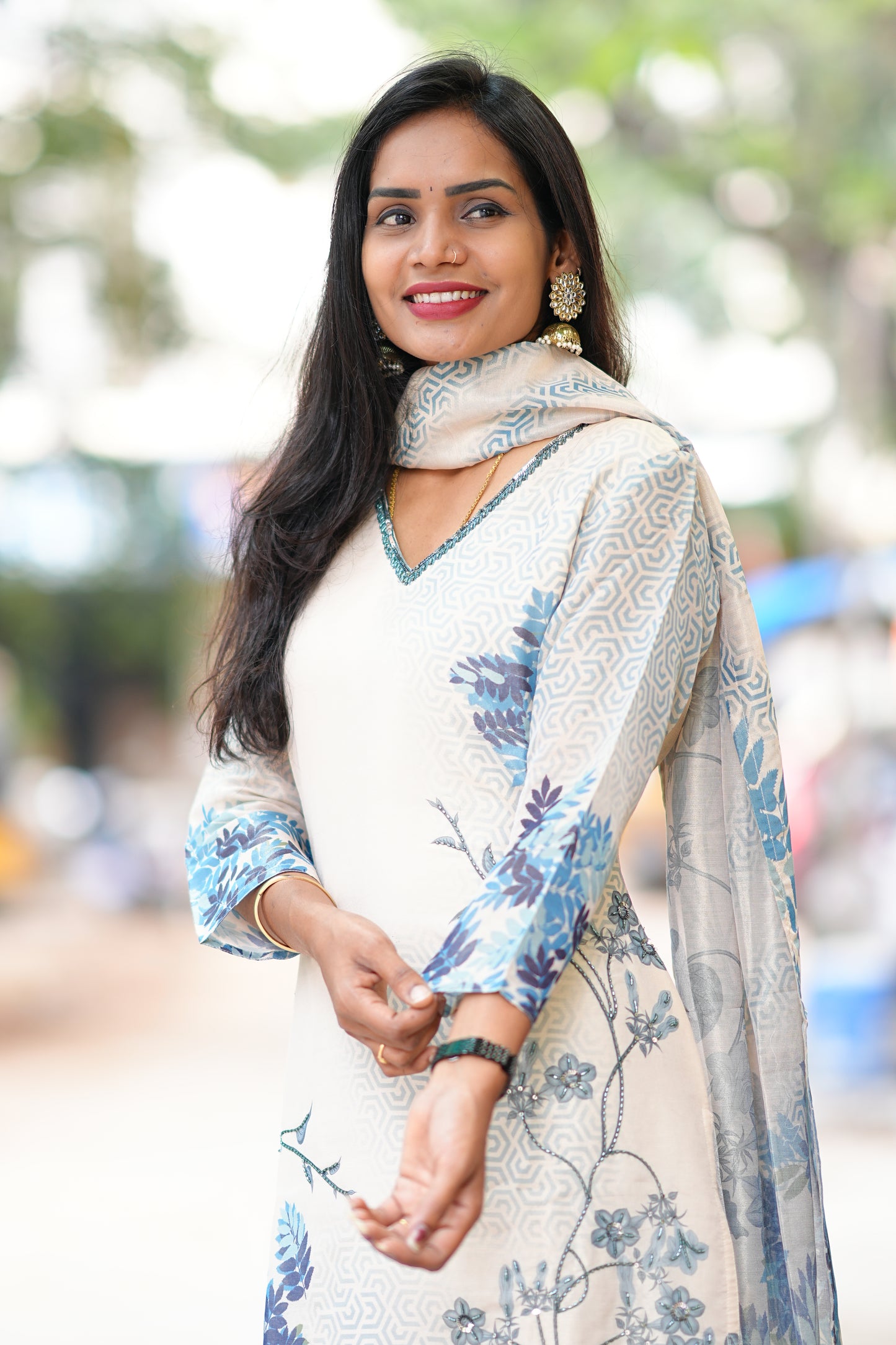 Blue and White Combo Designer Wear 3 Piece set in Muslin Fabric