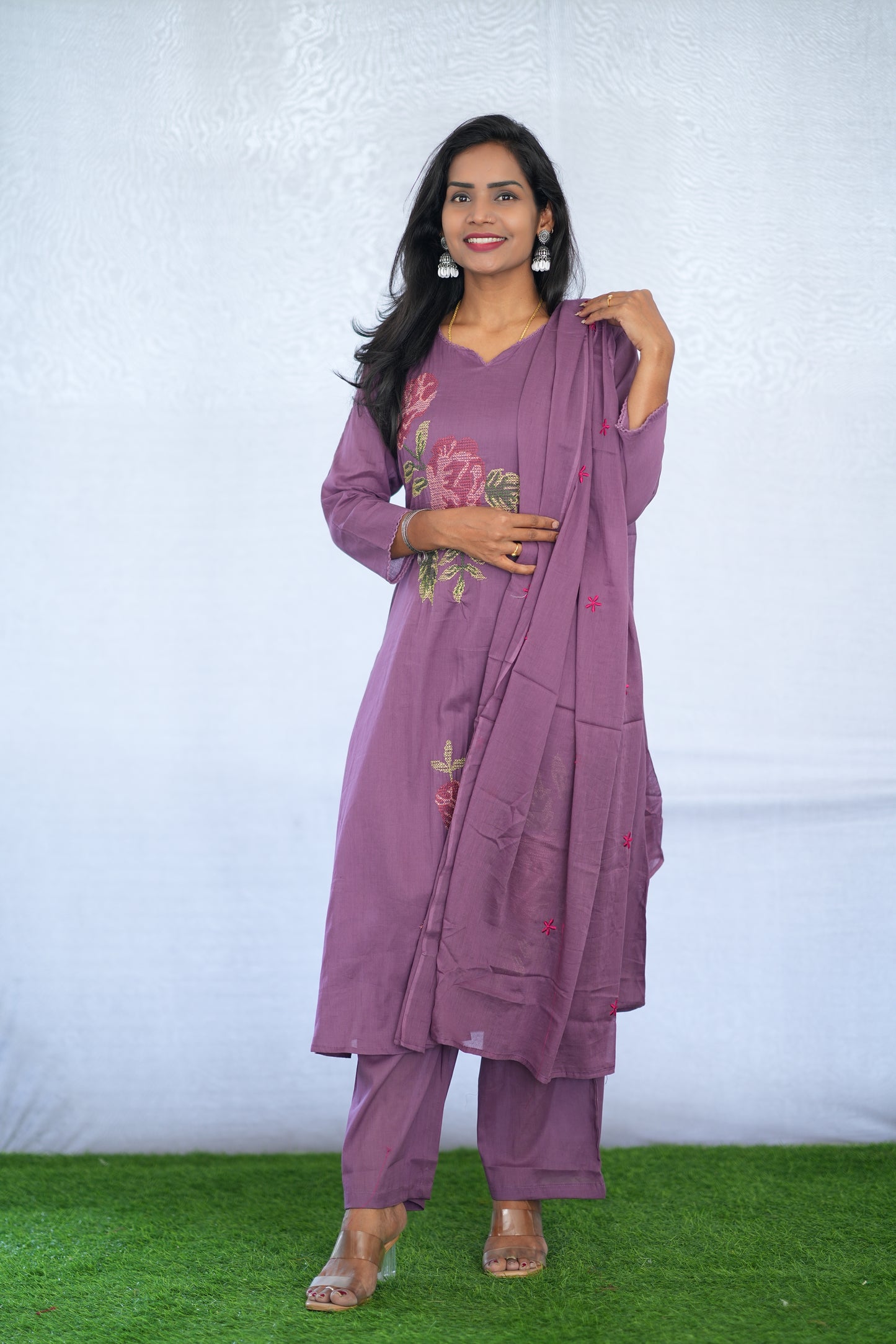 Purple Color Mul Cotton 3 Piece Set With Embroidery Work and Complete Lining
