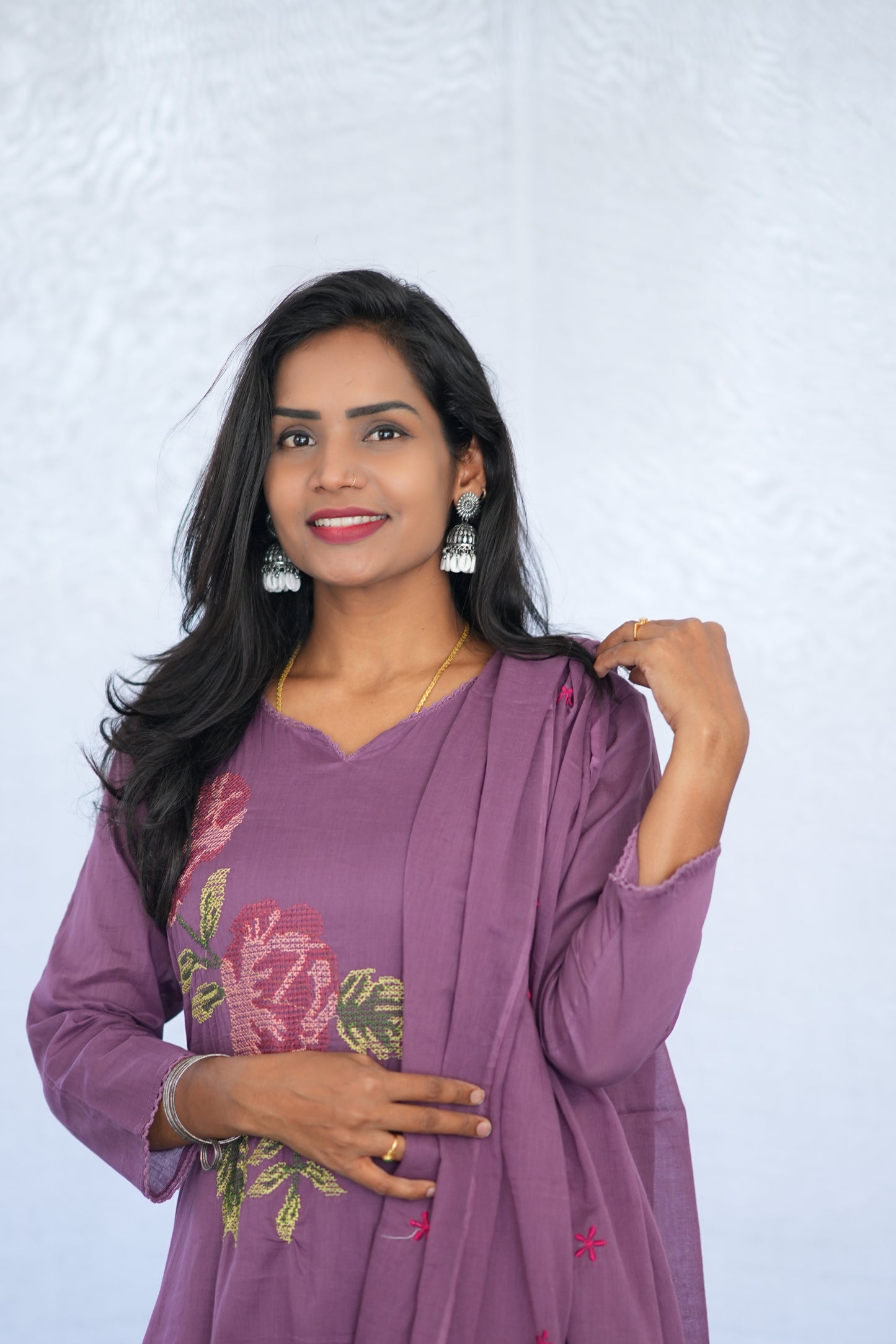 Purple Color Mul Cotton 3 Piece Set With Embroidery Work and Complete Lining