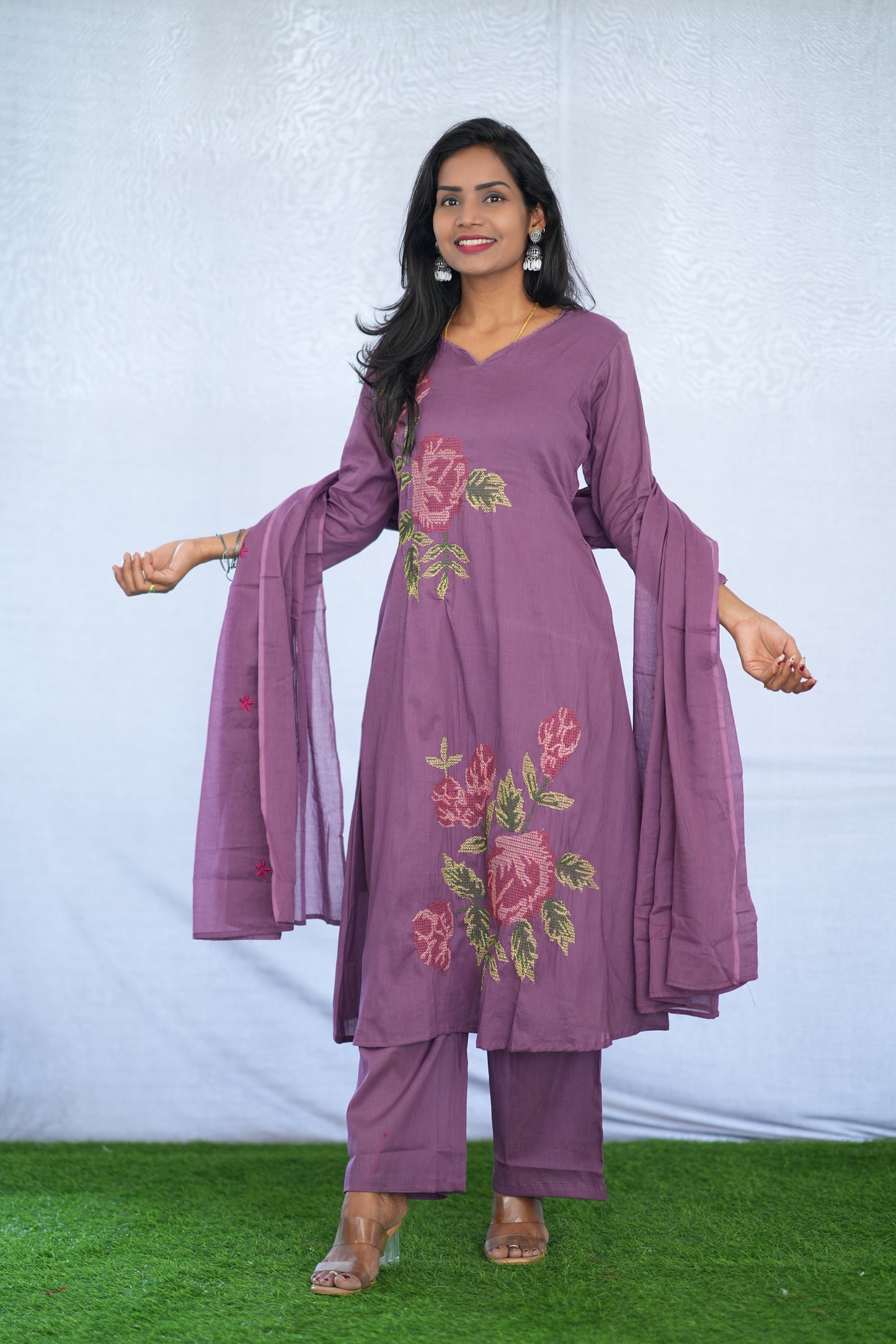Purple Color Mul Cotton 3 Piece Set With Embroidery Work and Complete Lining