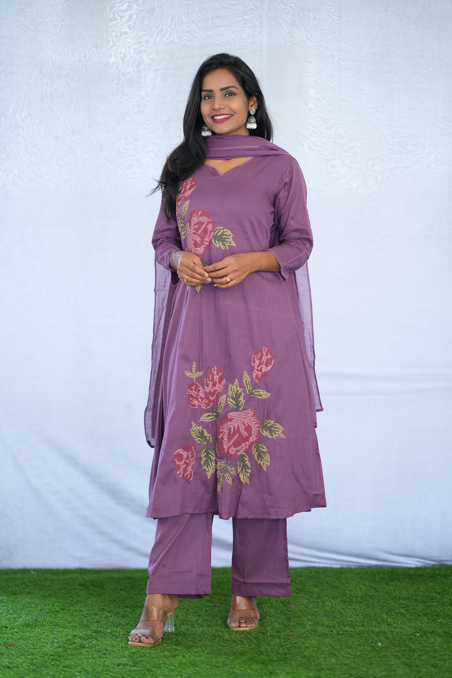 Purple Color Mul Cotton 3 Piece Set With Embroidery Work and Complete Lining