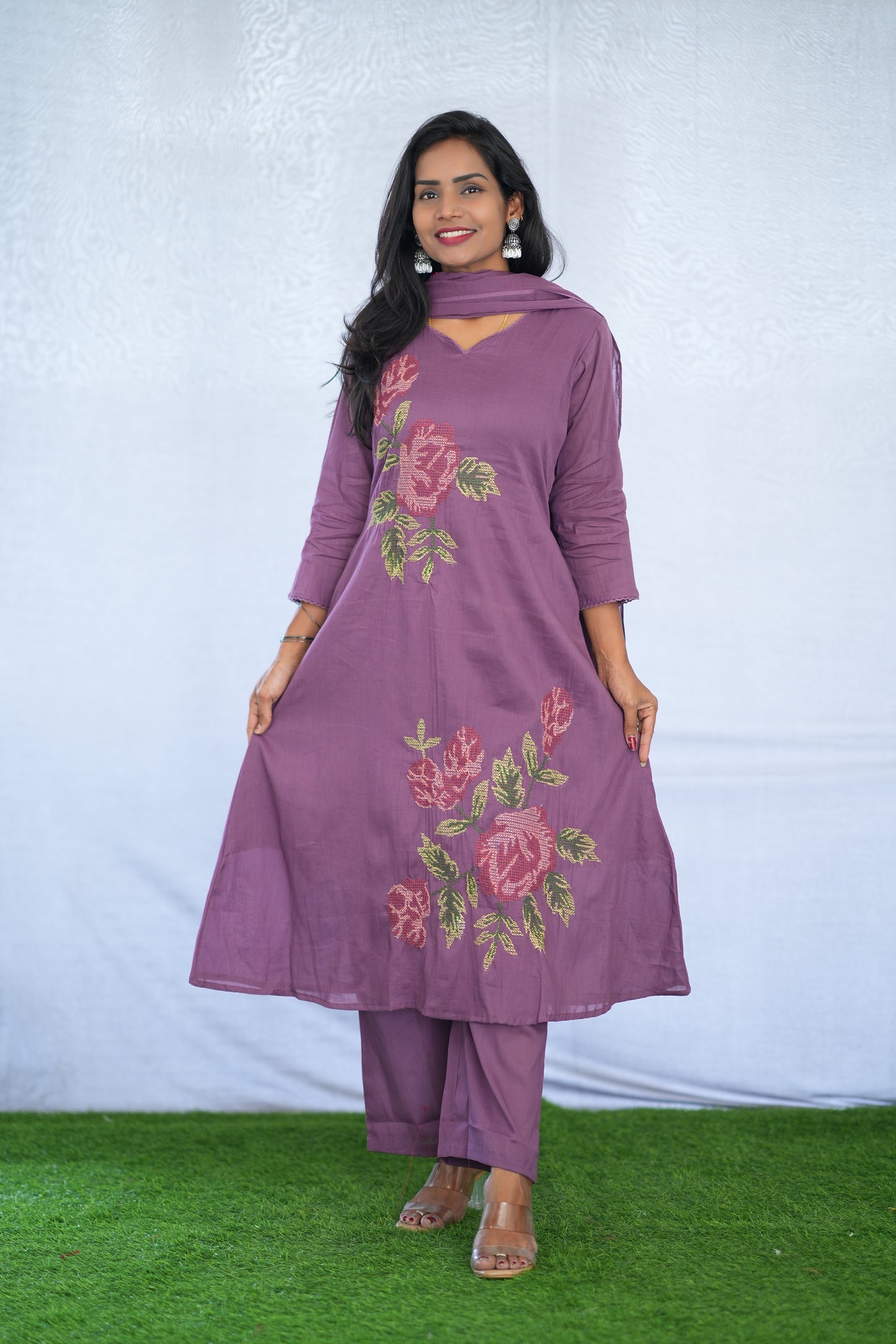 Purple Color Mul Cotton 3 Piece Set With Embroidery Work and Complete Lining