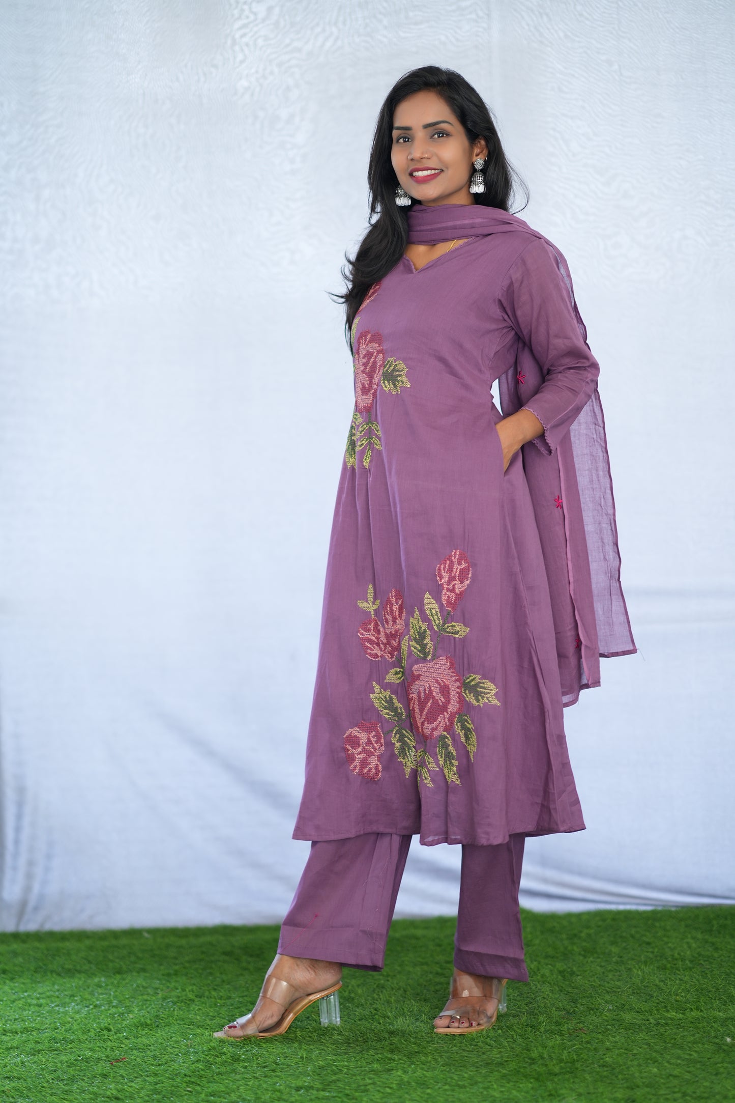 Purple Color Mul Cotton 3 Piece Set With Embroidery Work and Complete Lining