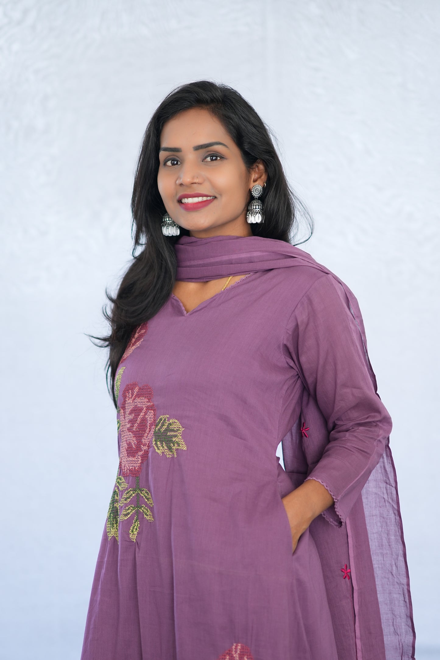 Purple Color Mul Cotton 3 Piece Set With Embroidery Work and Complete Lining