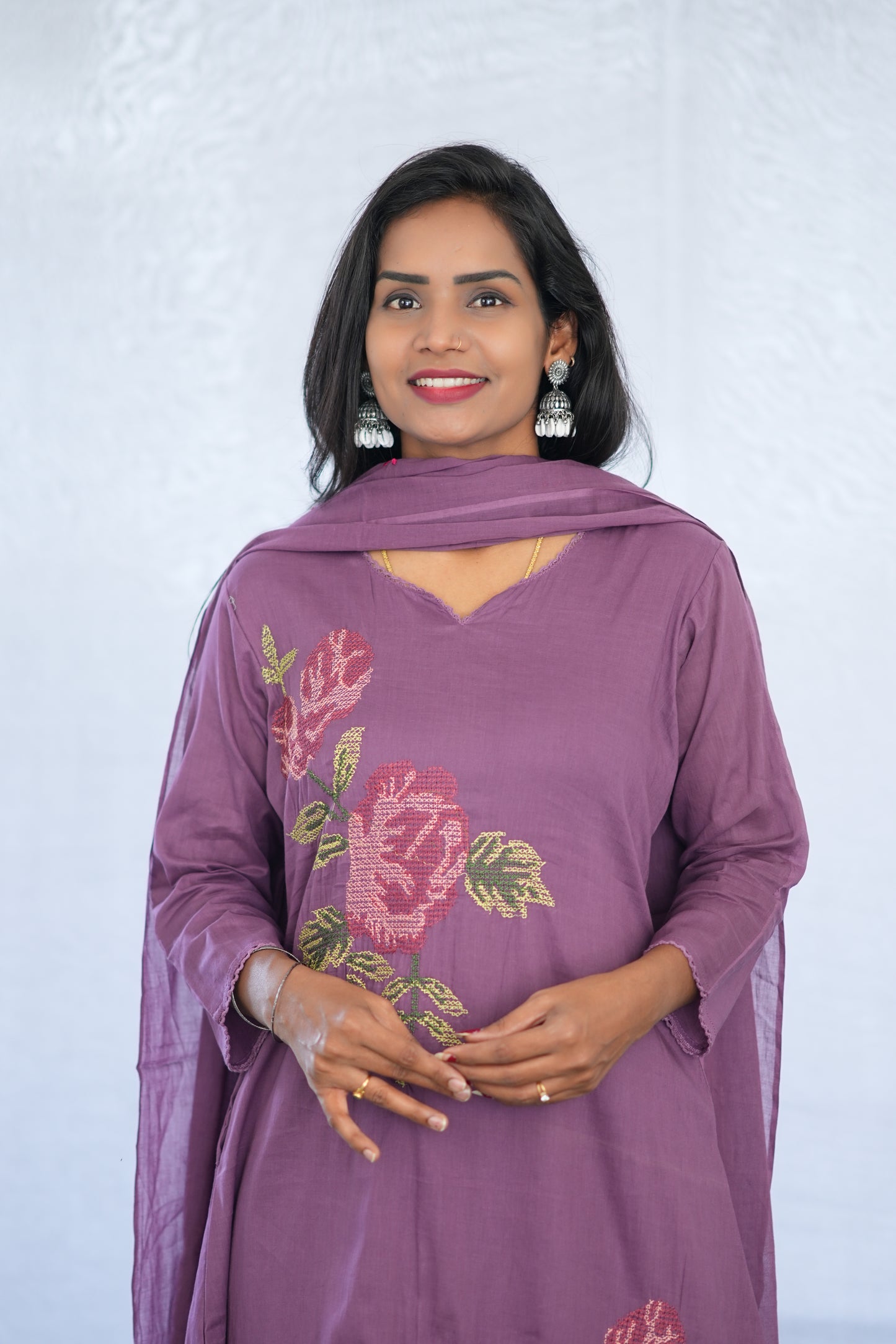 Purple Color Mul Cotton 3 Piece Set With Embroidery Work and Complete Lining