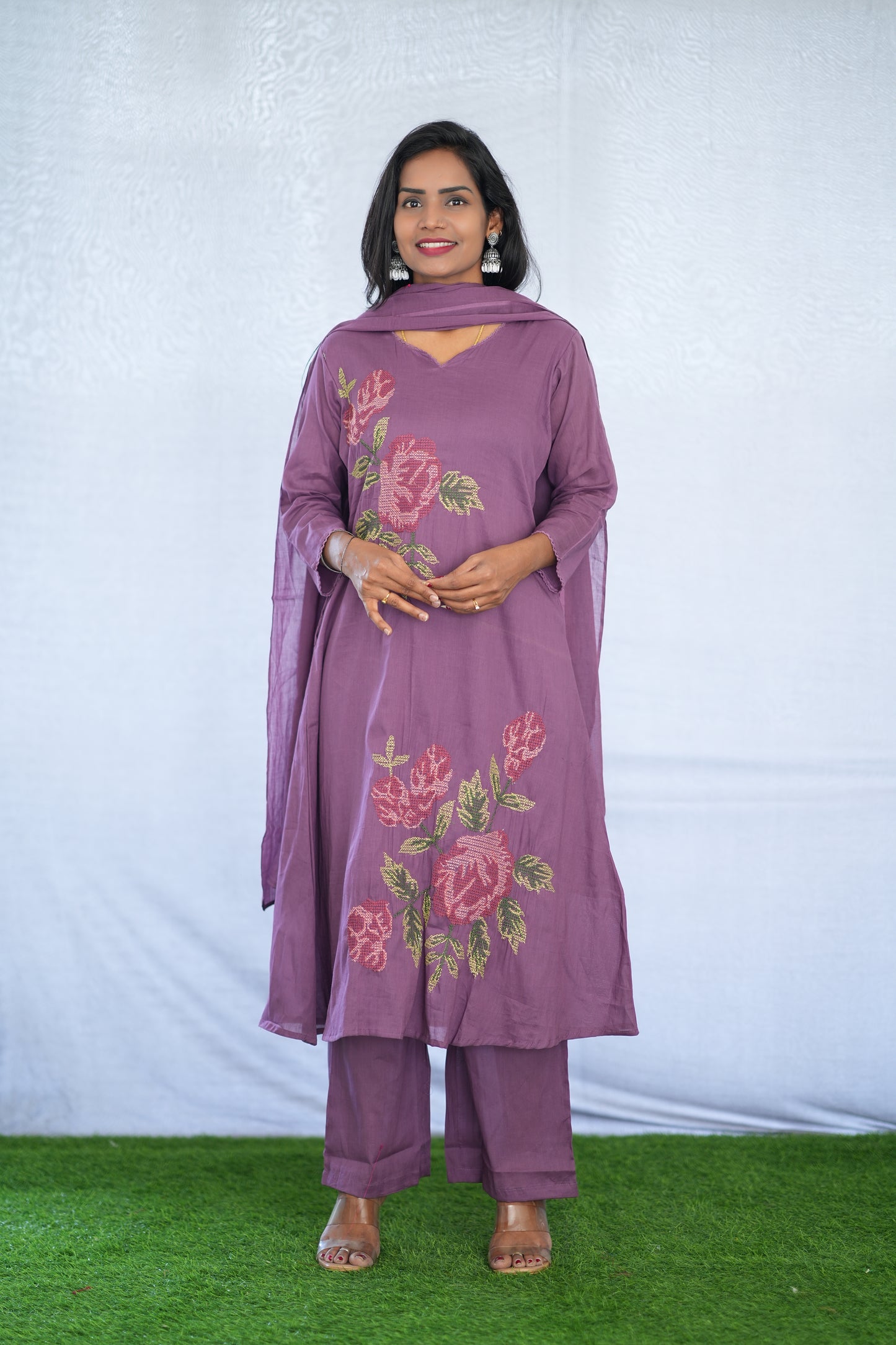 Purple Color Mul Cotton 3 Piece Set With Embroidery Work and Complete Lining