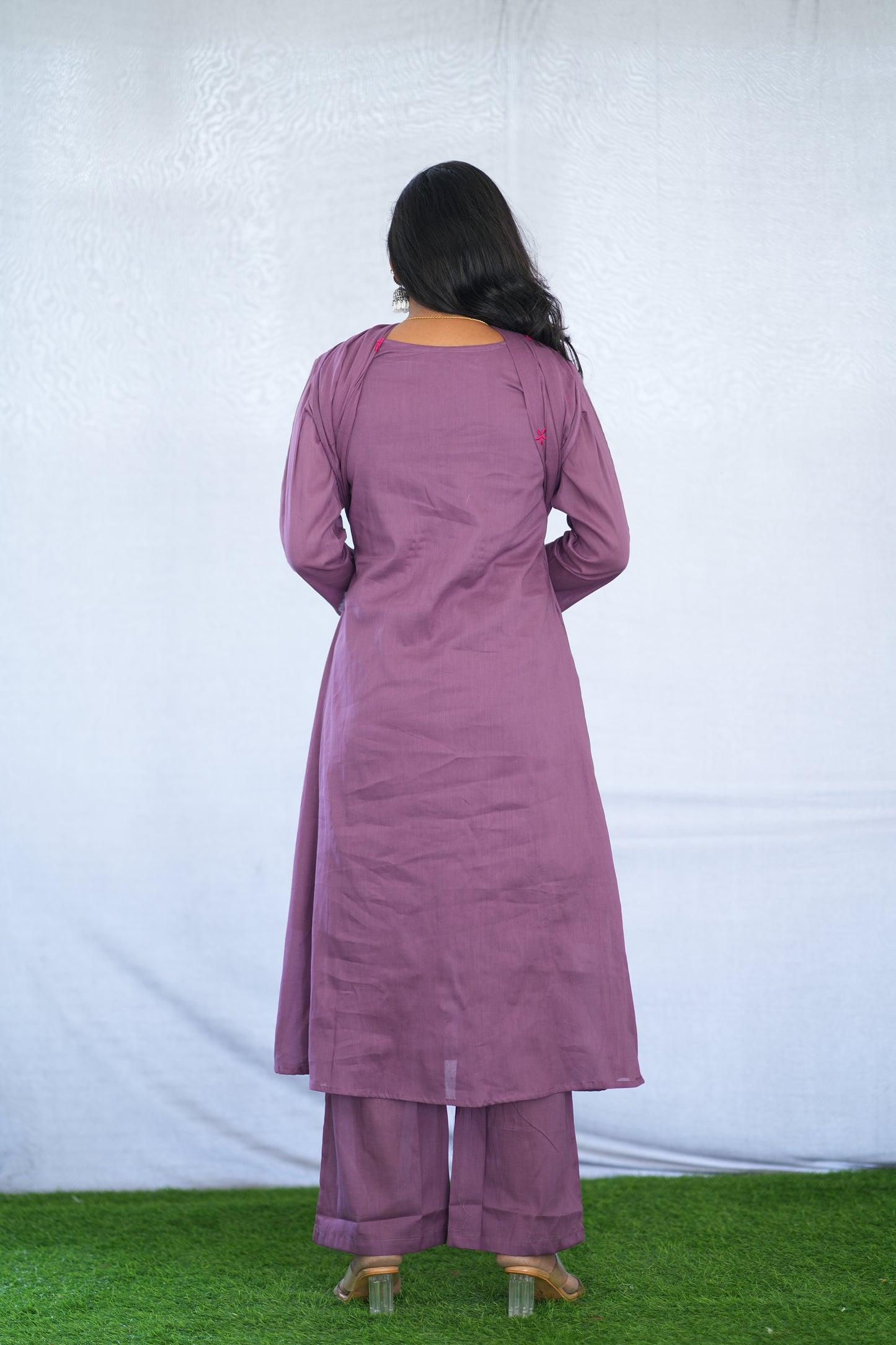 Purple Color Mul Cotton 3 Piece Set With Embroidery Work and Complete Lining