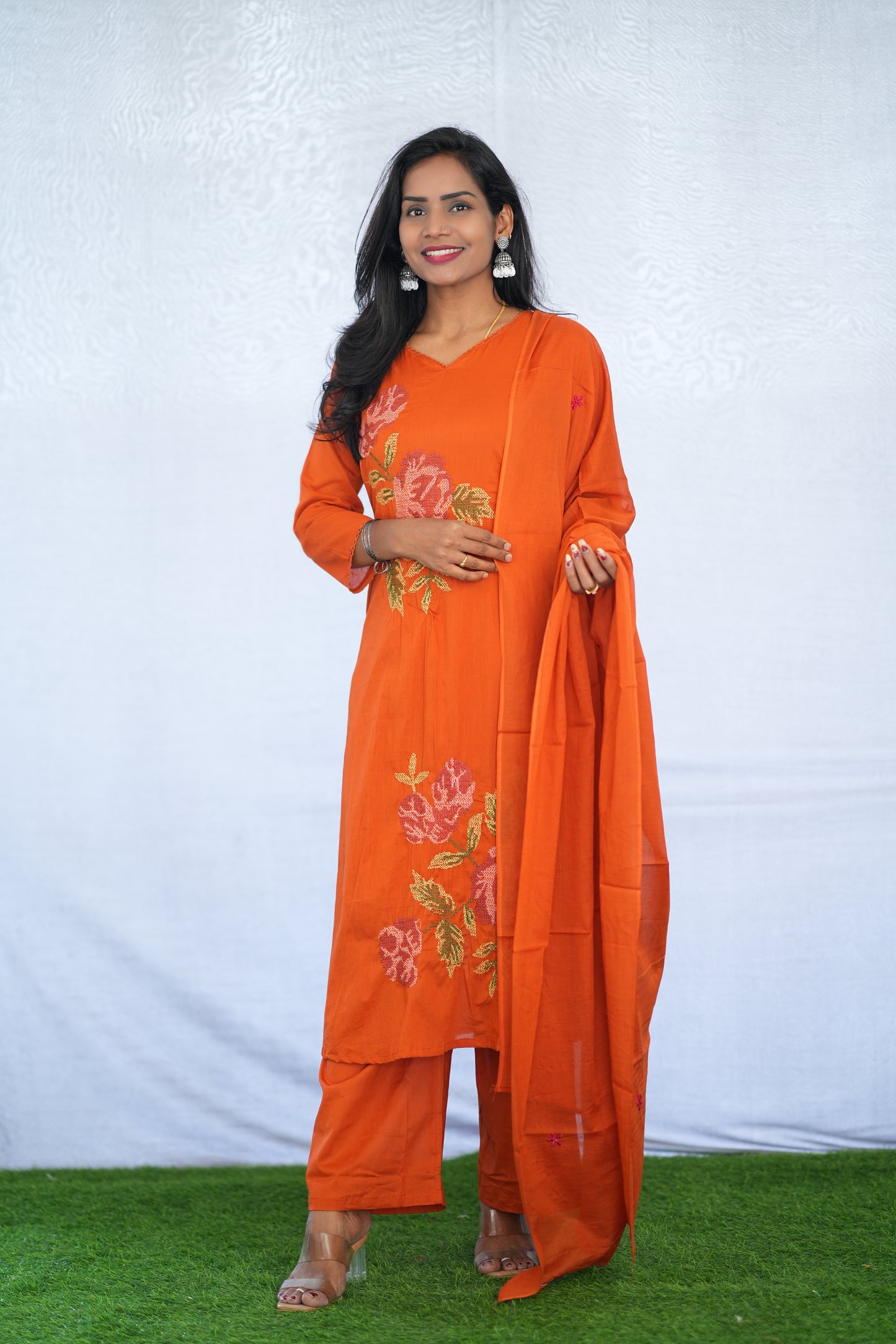 Orange Color Mul Cotton 3 Piece Set With Embroidery Work and Complete Lining