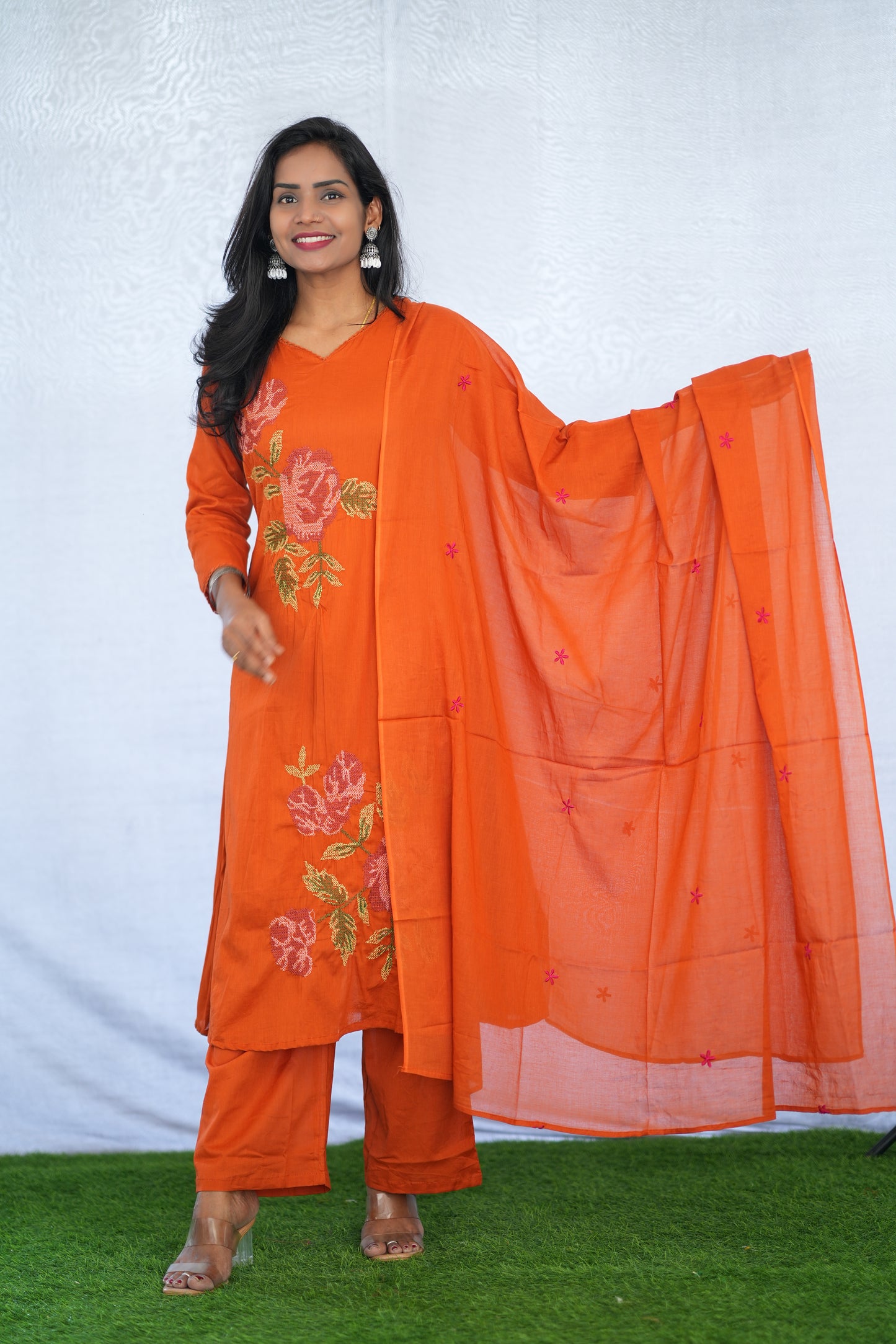 Orange Color Mul Cotton 3 Piece Set With Embroidery Work and Complete Lining