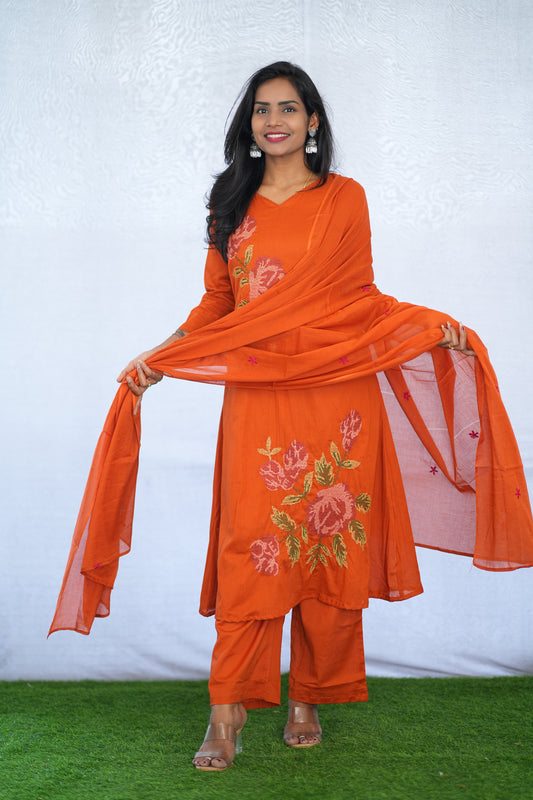 Orange Color Mul Cotton 3 Piece Set With Embroidery Work and Complete Lining