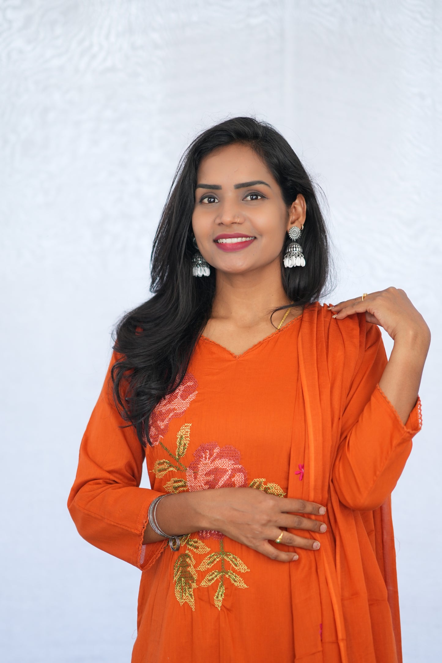 Orange Color Mul Cotton 3 Piece Set With Embroidery Work and Complete Lining