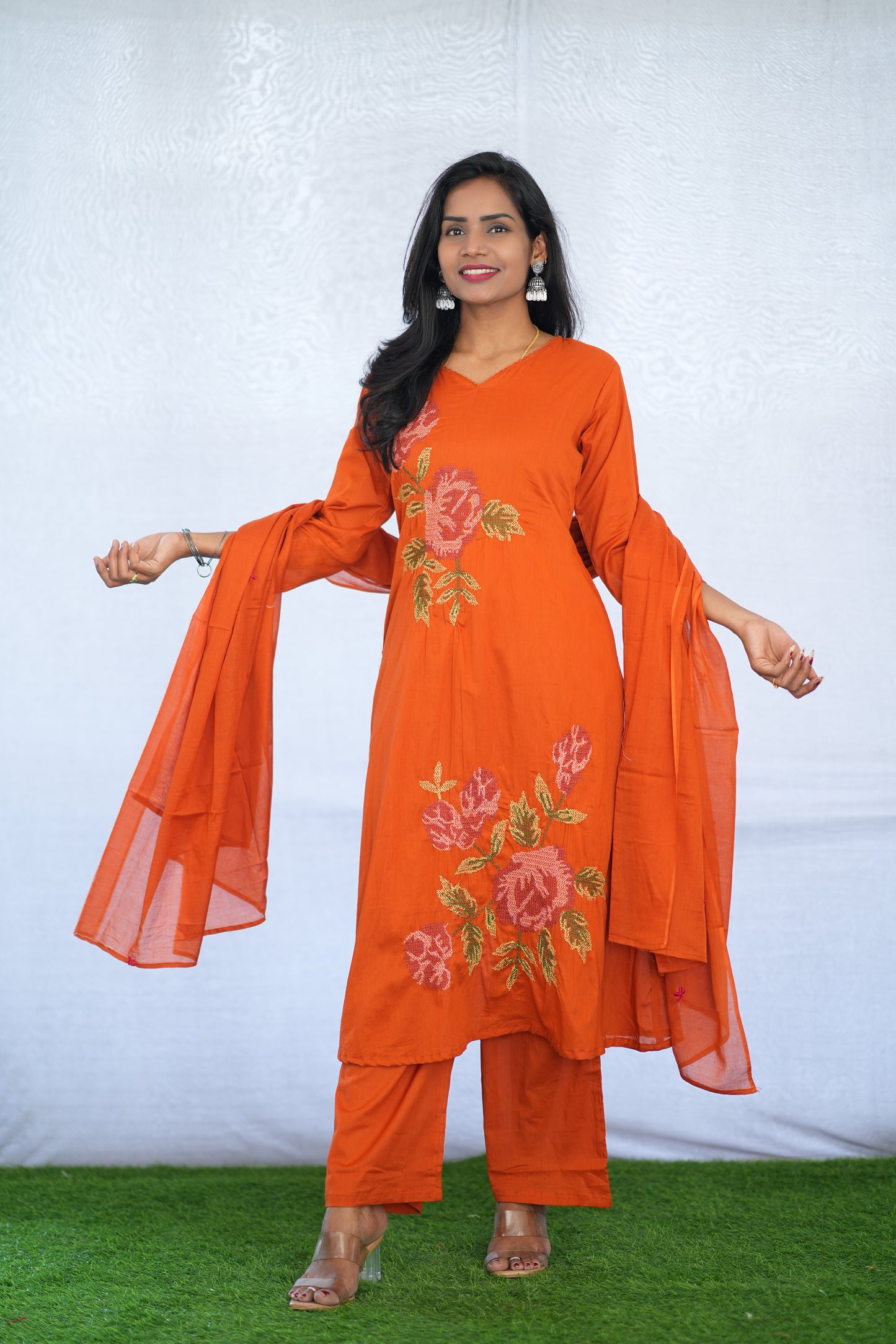 Orange Color Mul Cotton 3 Piece Set With Embroidery Work and Complete Lining