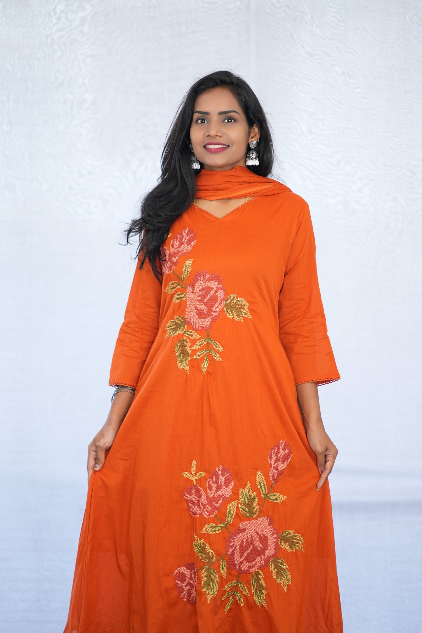 Orange Color Mul Cotton 3 Piece Set With Embroidery Work and Complete Lining