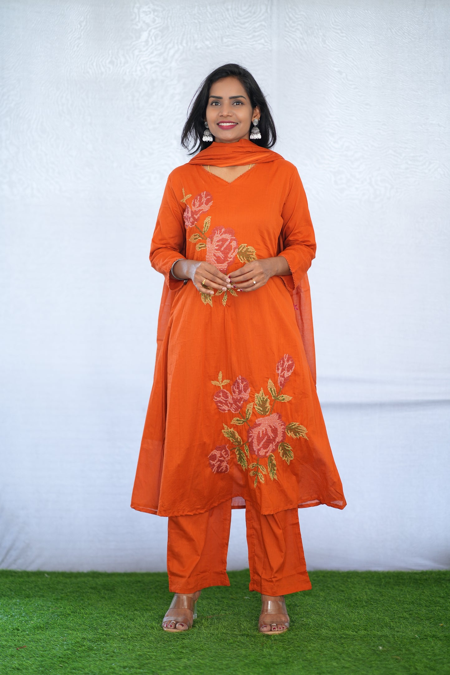 Orange Color Mul Cotton 3 Piece Set With Embroidery Work and Complete Lining