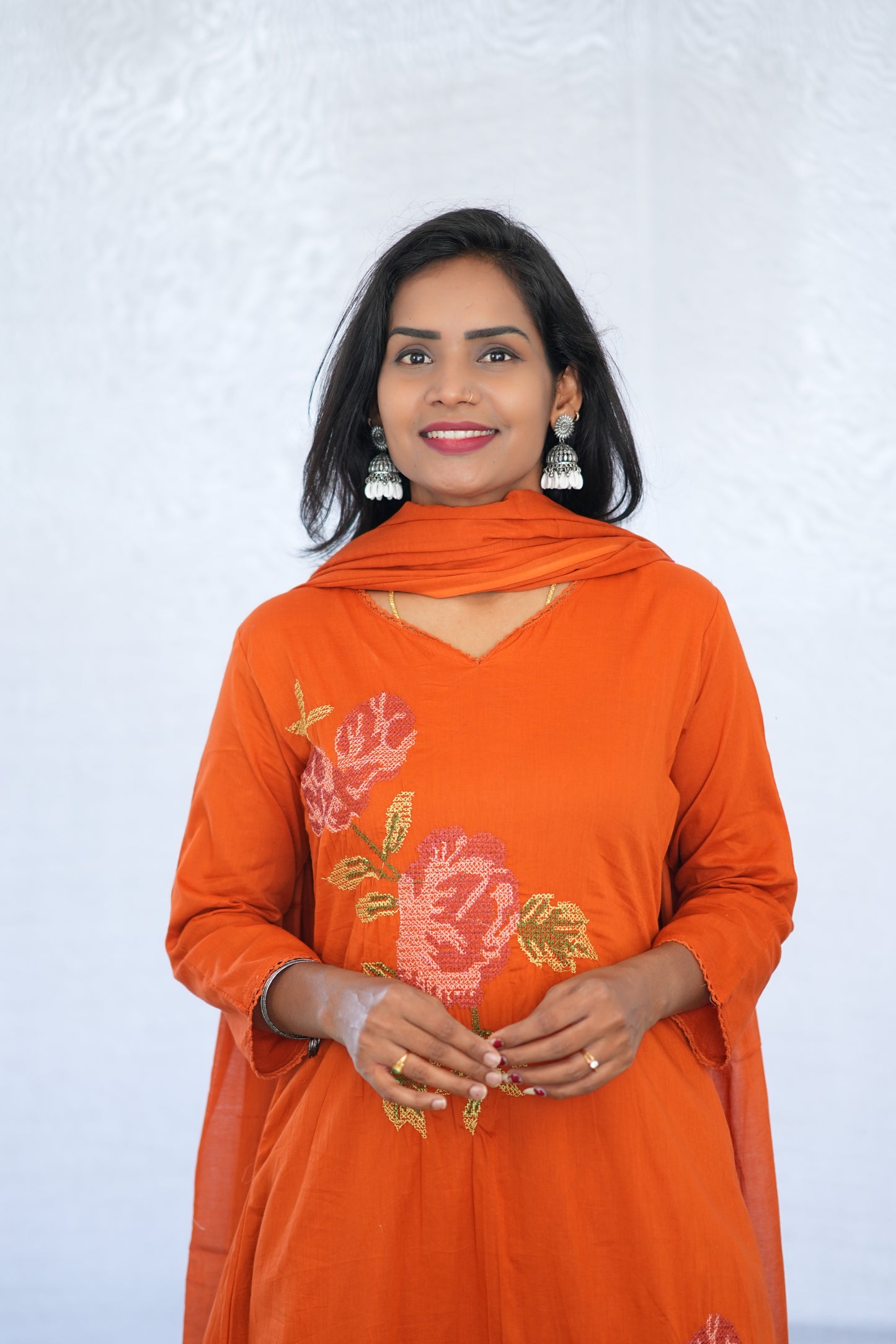 Orange Color Mul Cotton 3 Piece Set With Embroidery Work and Complete Lining