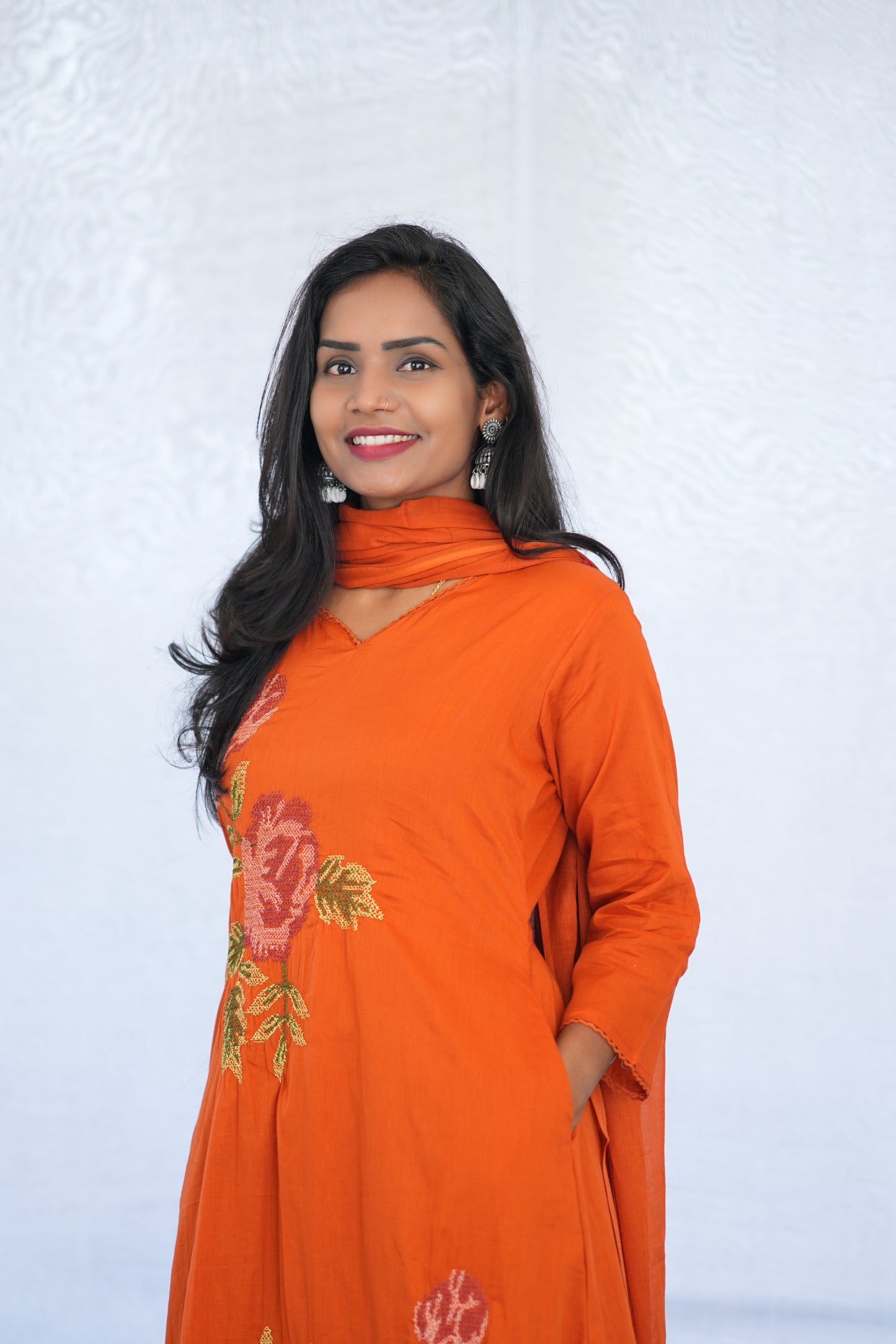 Orange Color Mul Cotton 3 Piece Set With Embroidery Work and Complete Lining