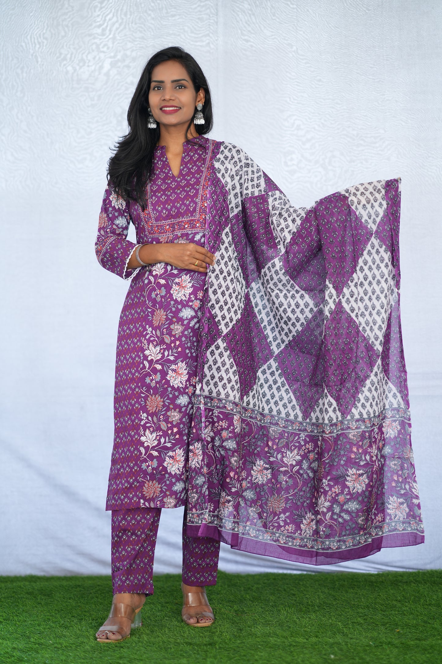 Purple Color Jaipuri Cotton 3 Piece Set With Block Print and Complete Lining