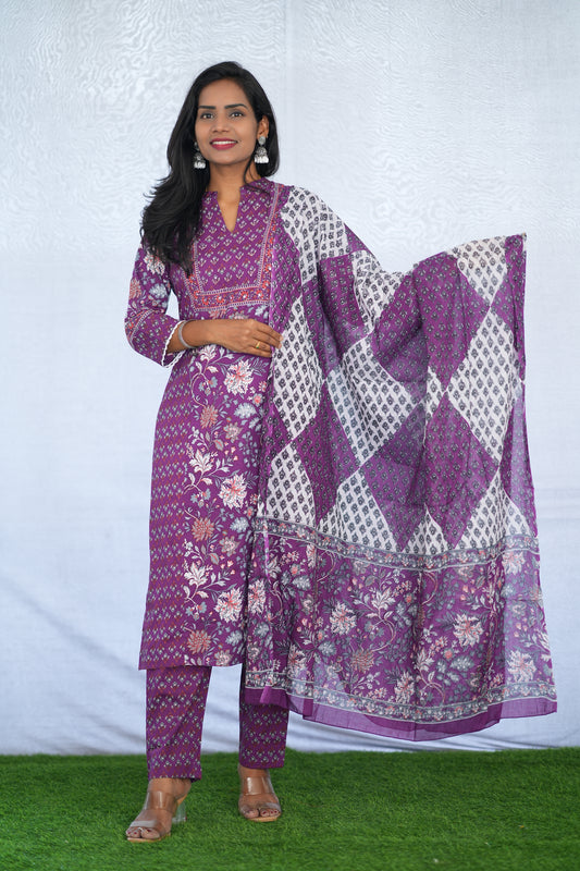 Purple Color Jaipuri Cotton 3 Piece Set With Block Print and Complete Lining